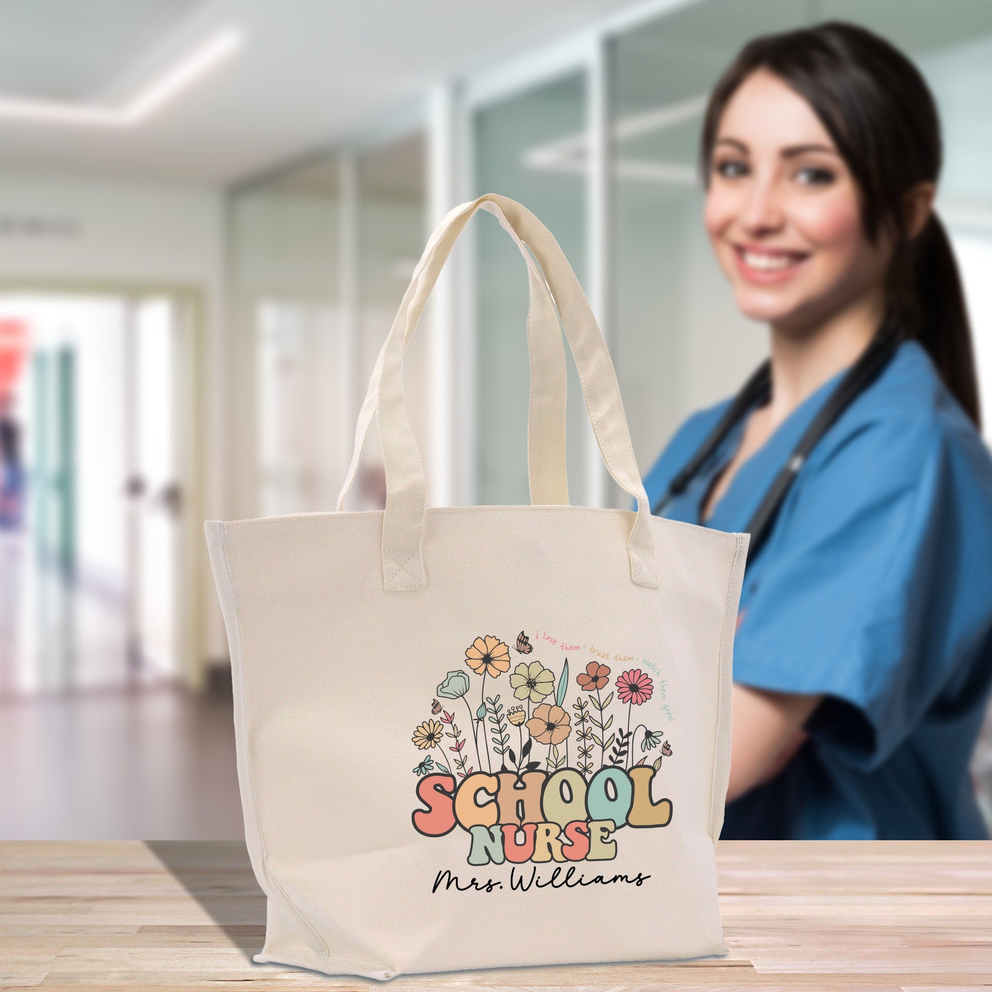 a woman in scrubs is holding a bag