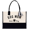 a black and white bag with a dog mom on it