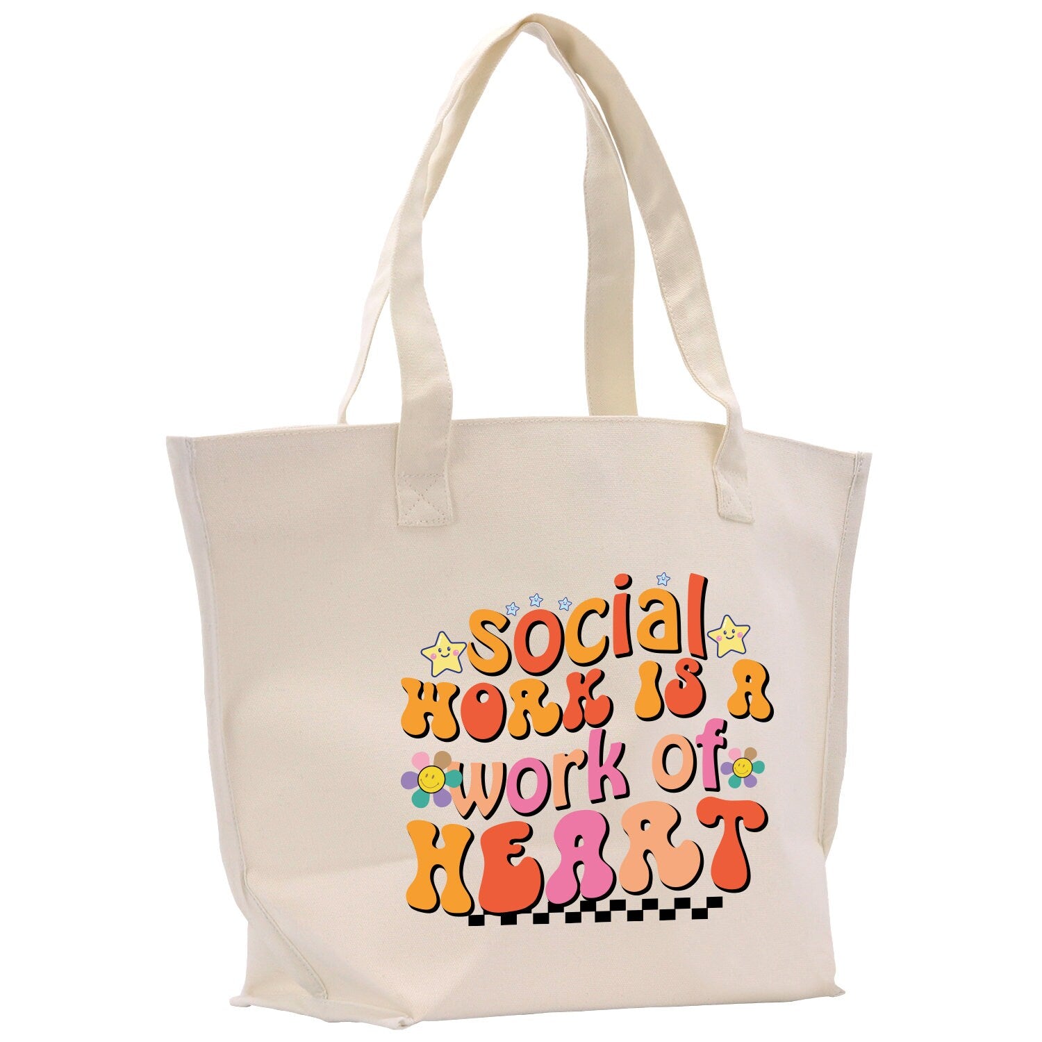 a white tote bag with the words social worker work of heart on it