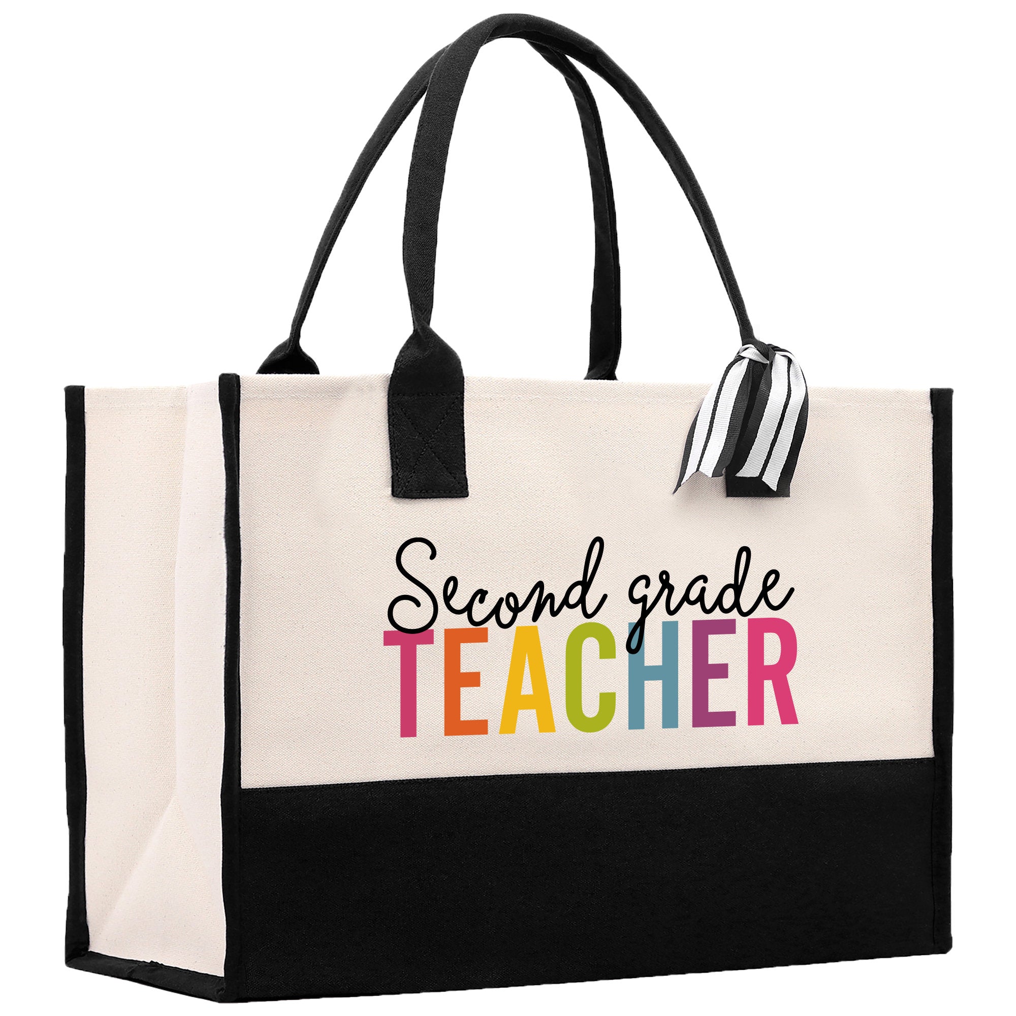 a black and white tote bag with the words second grade teacher on it