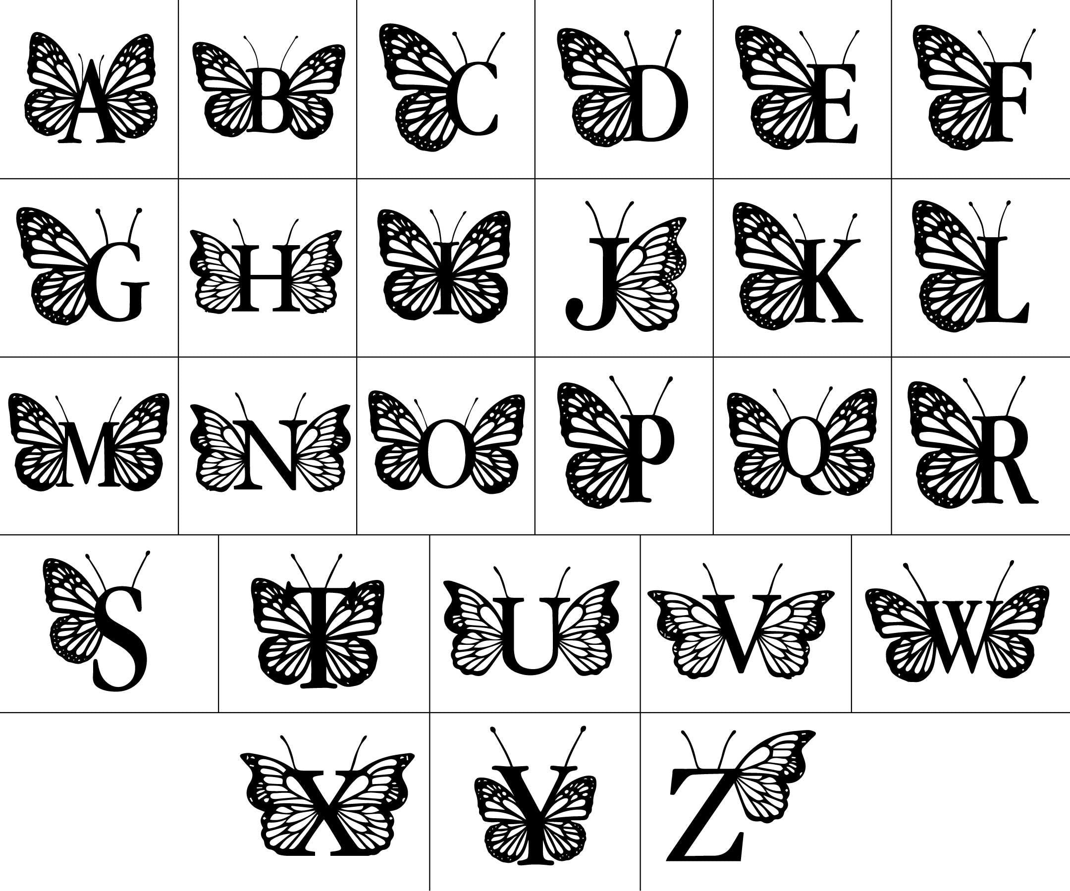 a set of alphabets with butterflies on them