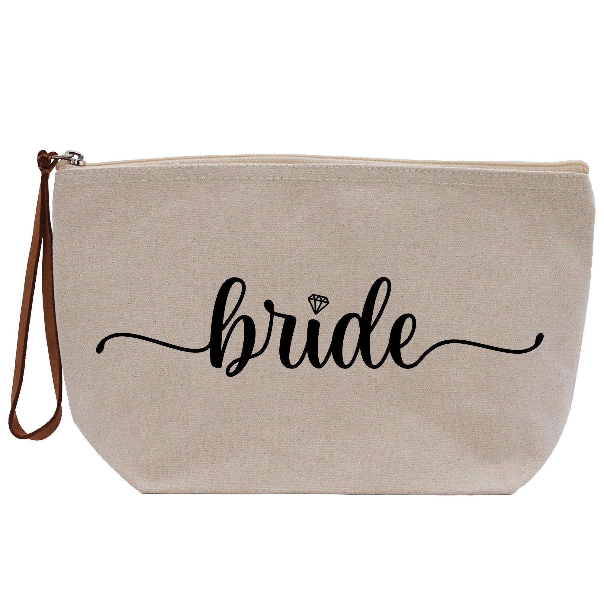 a white canvas bag with the word bride printed on it