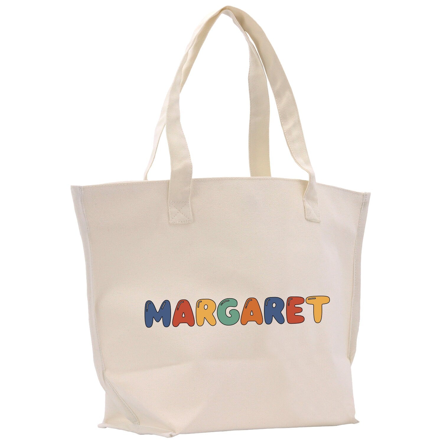 a white bag with the word margaret printed on it