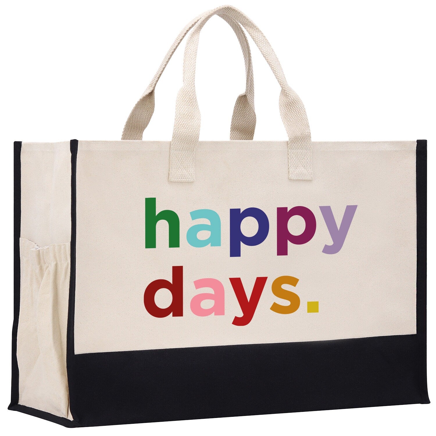 a bag with the words happy days printed on it