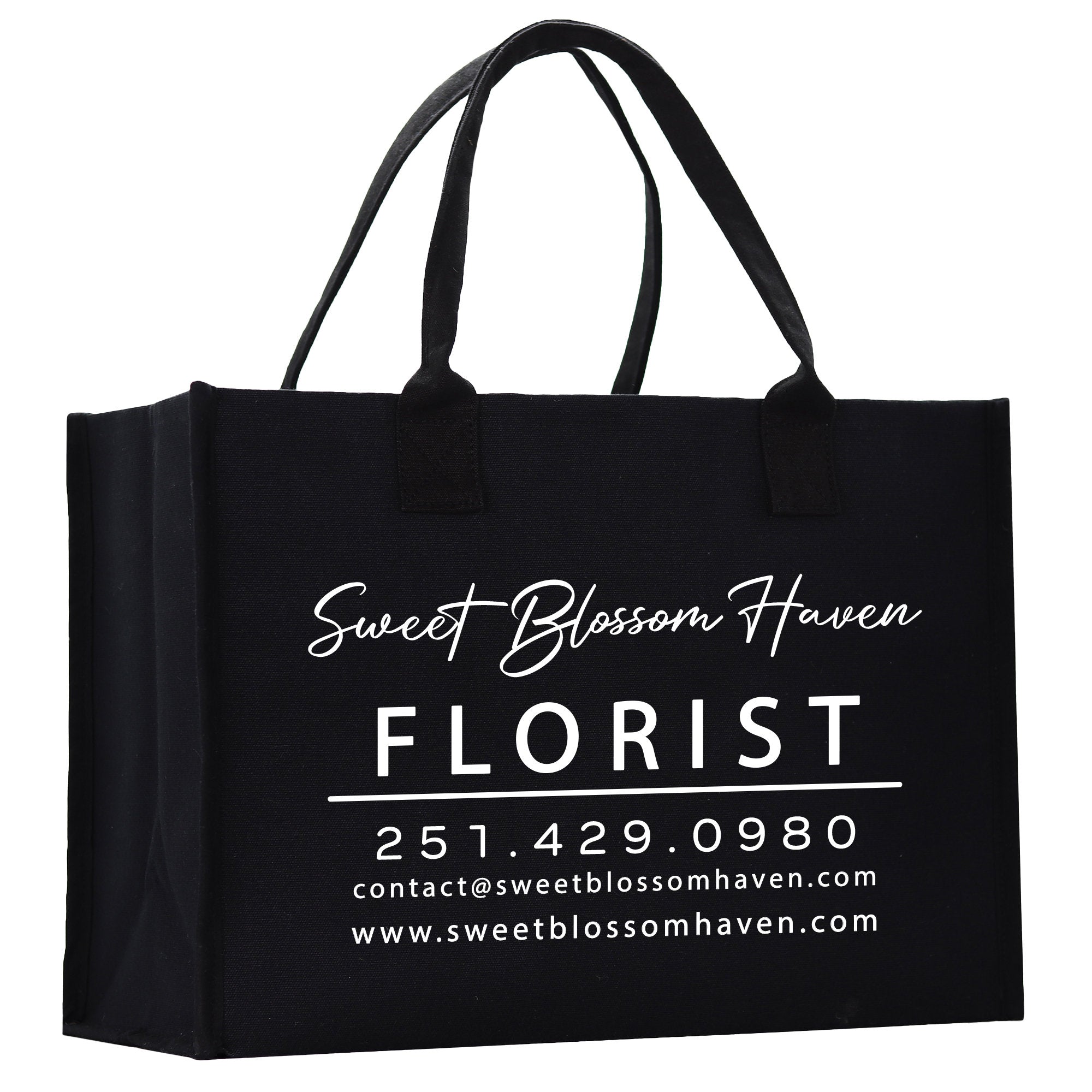 a black shopping bag with a white logo on it