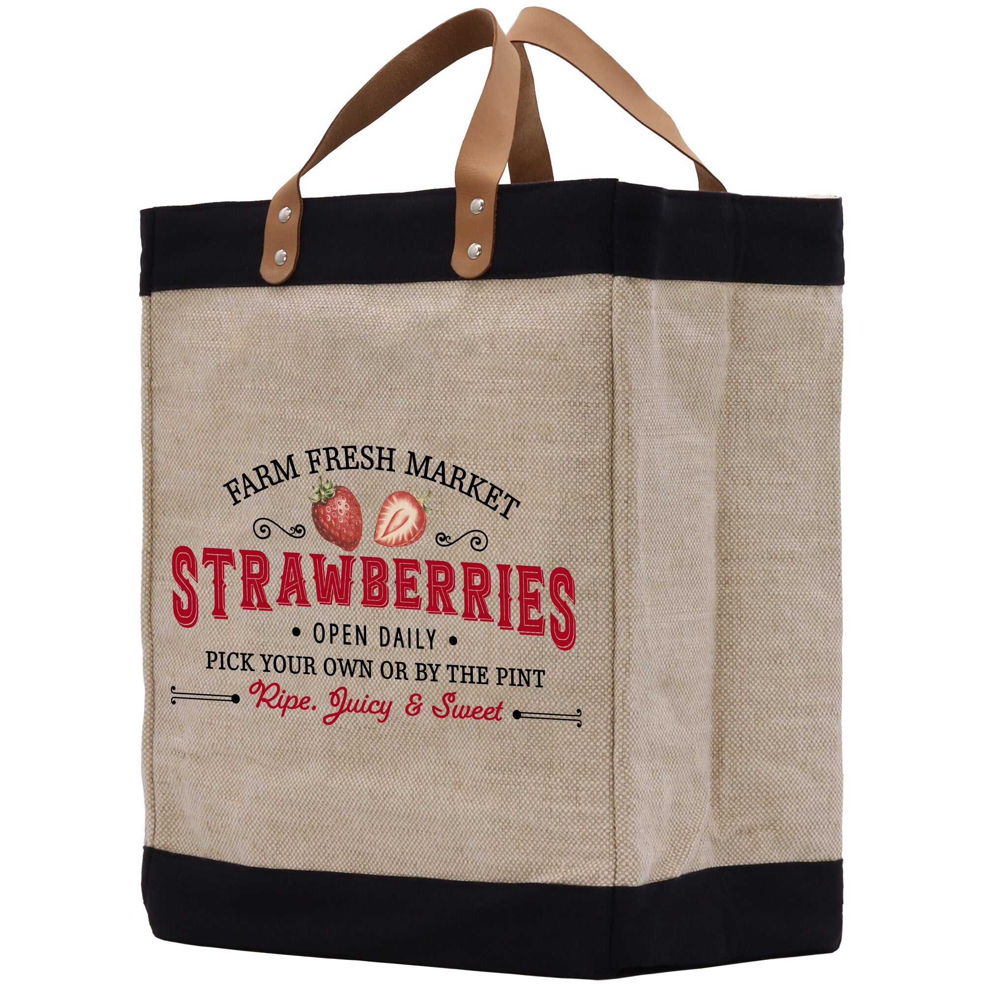 a jute bag with a black bottom and brown handles