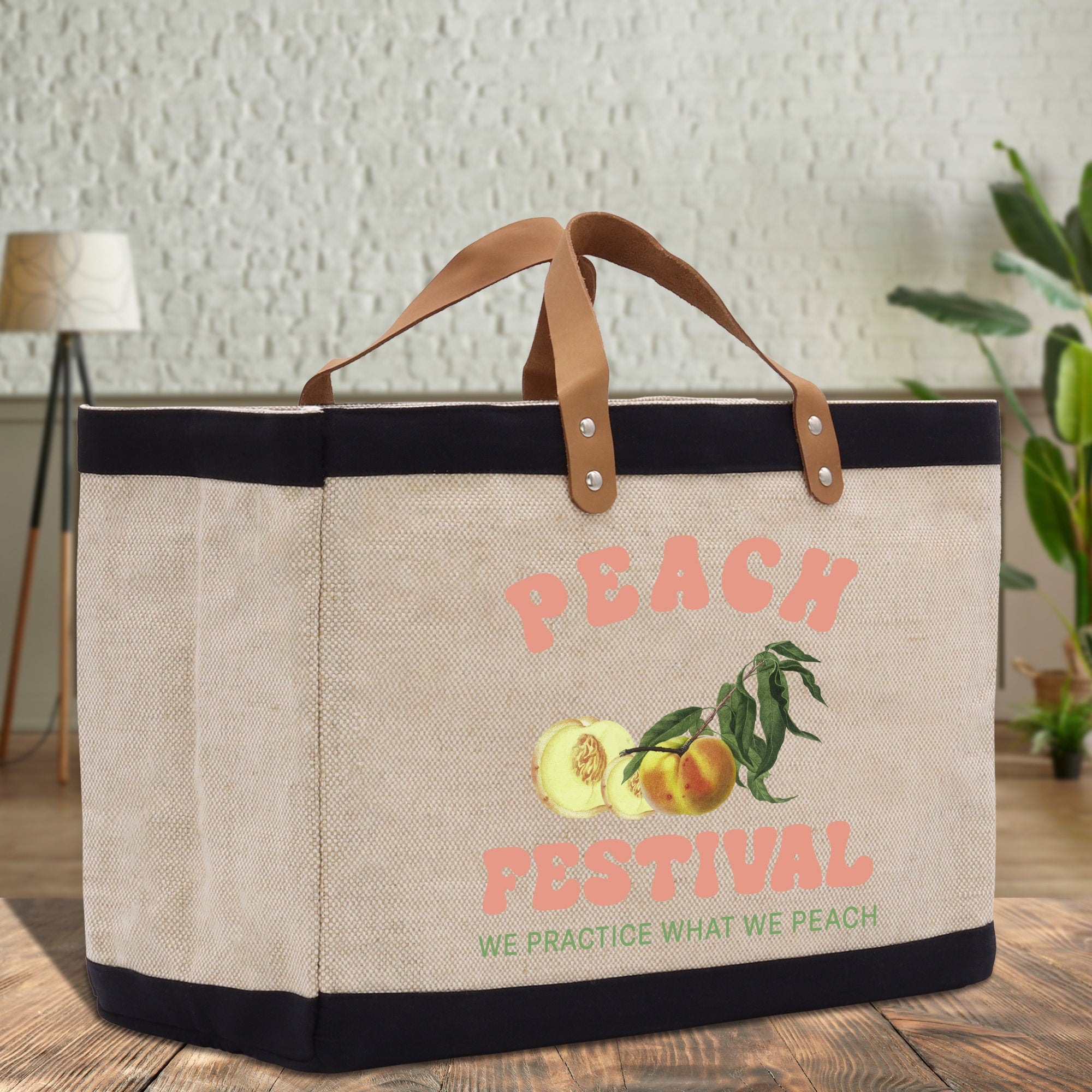 a bag that says peach festival on it