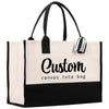 a custom canvas tote bag with a ribbon