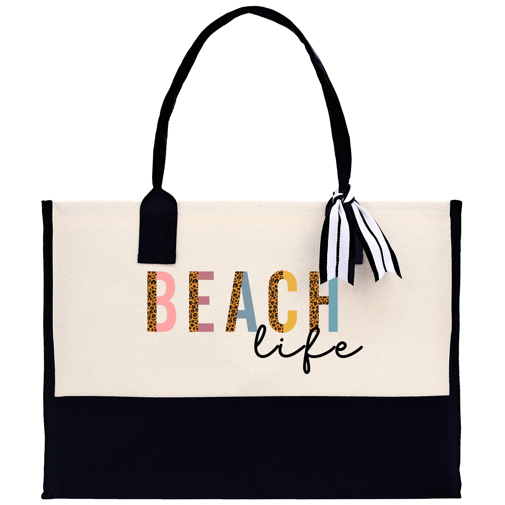 a black and white beach bag with the words beach life on it