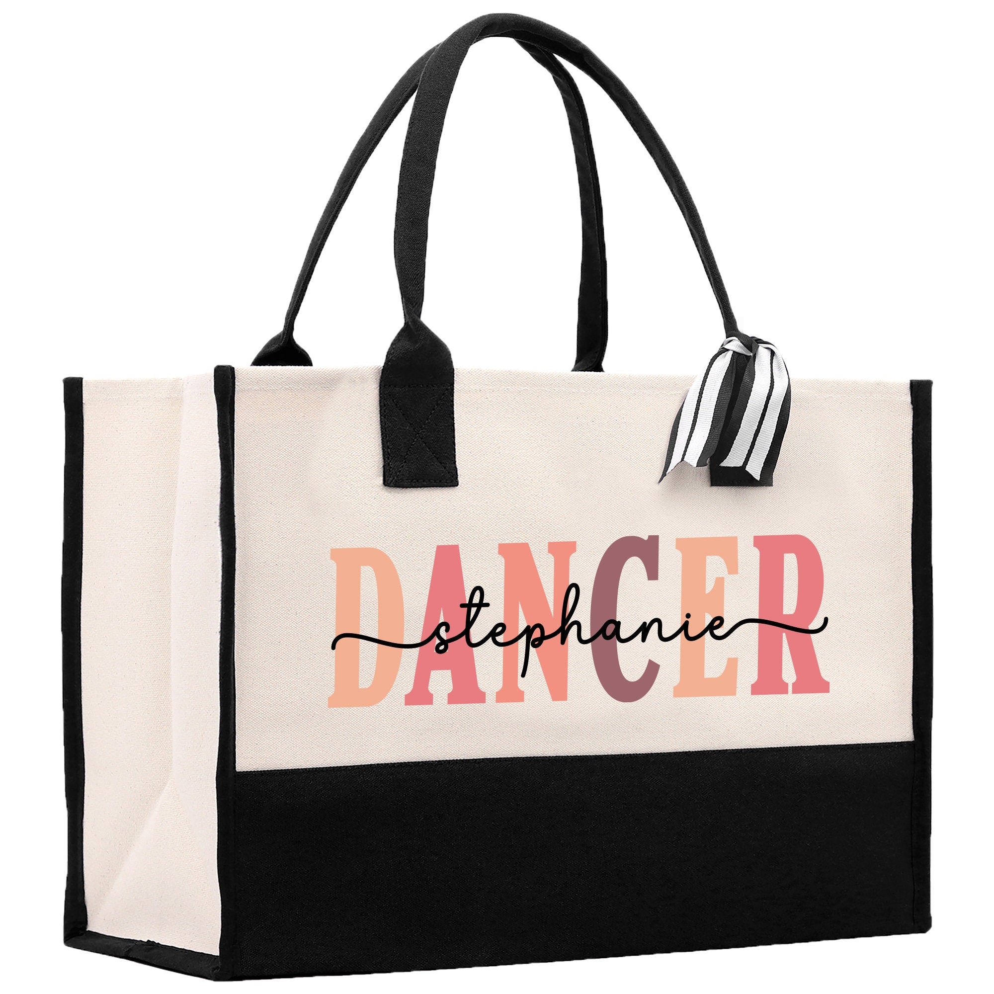 a black and white tote bag with the word dancer on it