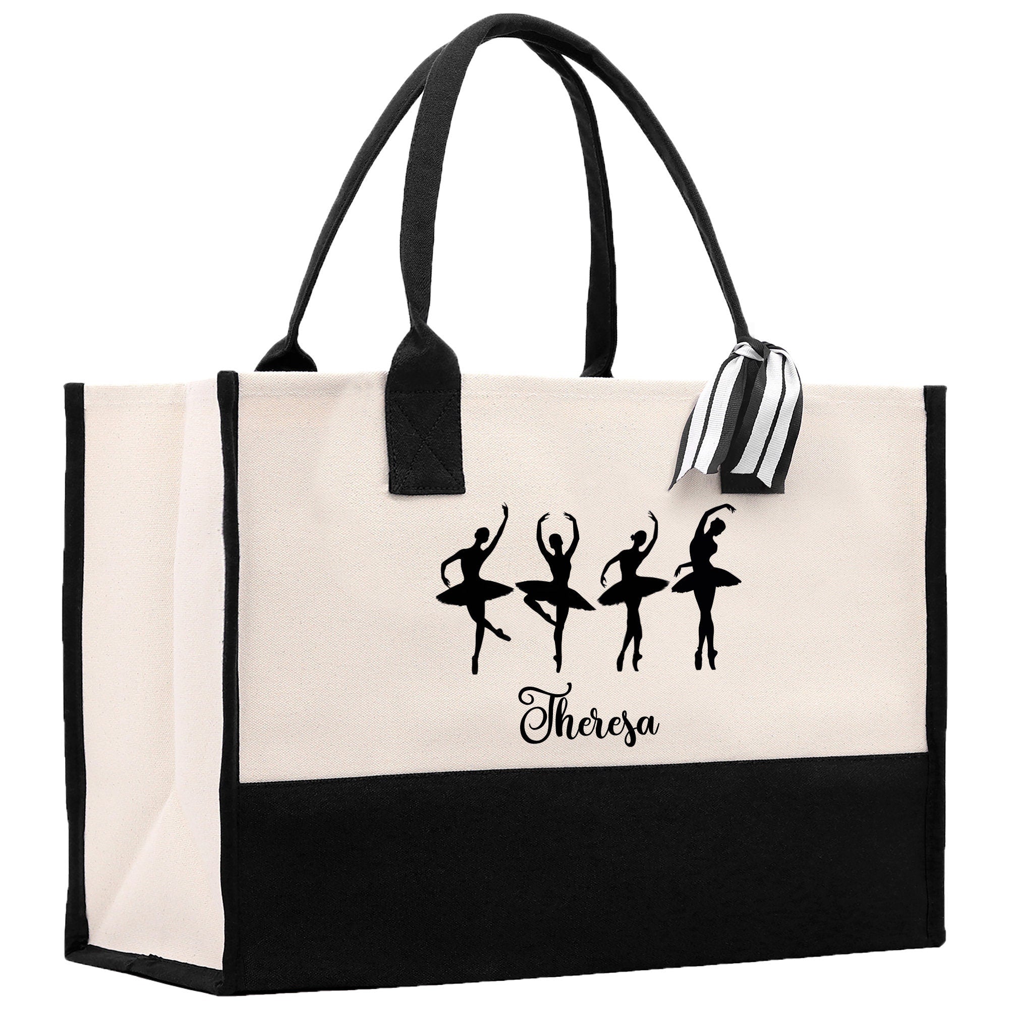 a black and white tote bag with three ballerinas on it