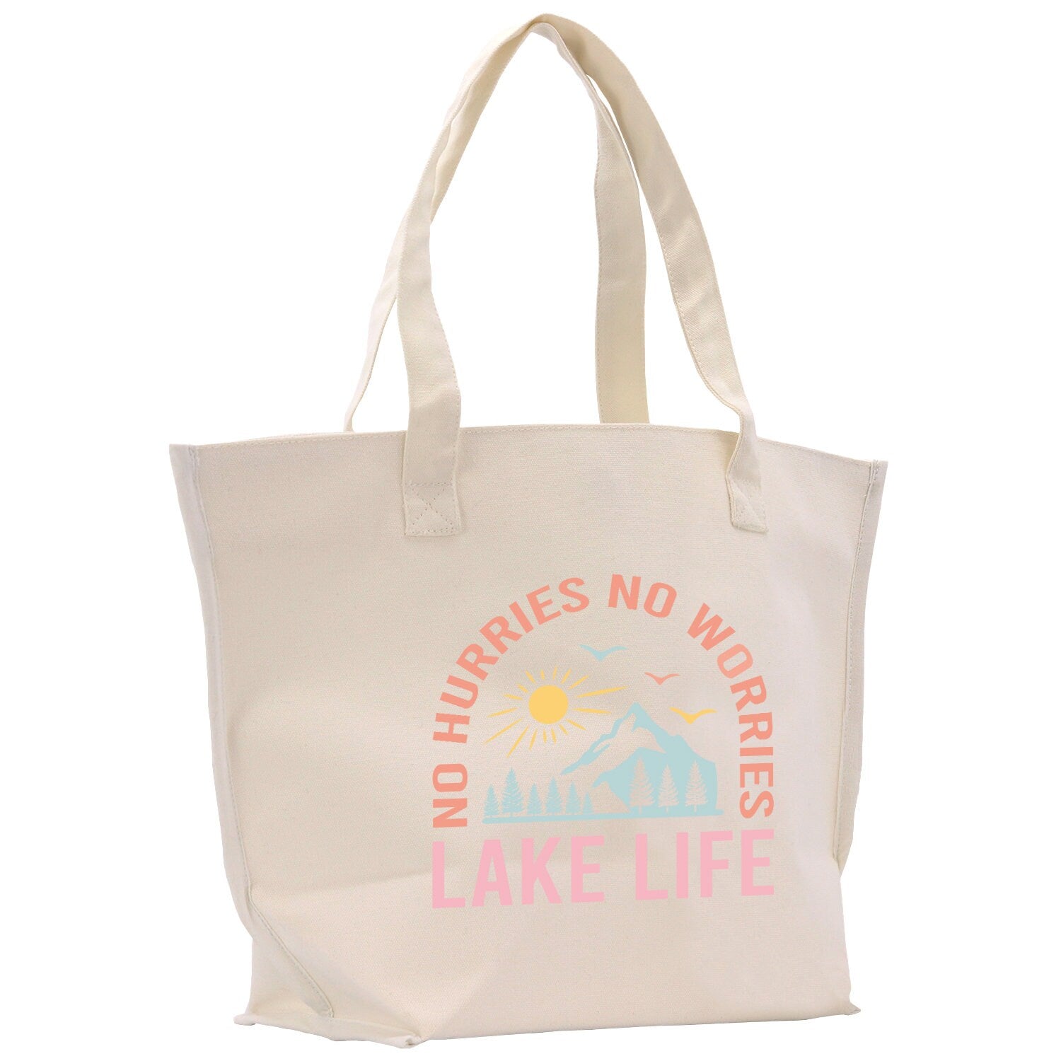 a white tote bag with pink lettering on it