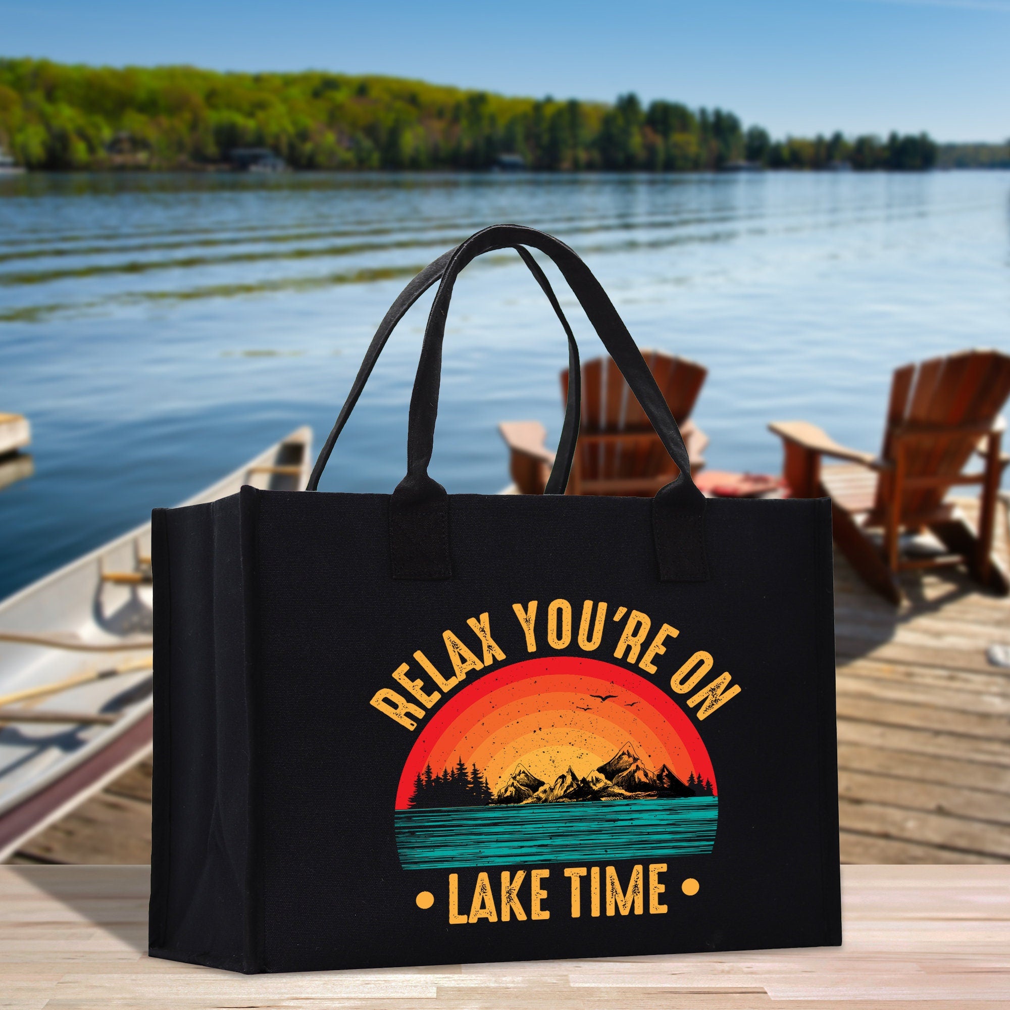 a black bag that says relax you&#39;re on lake time