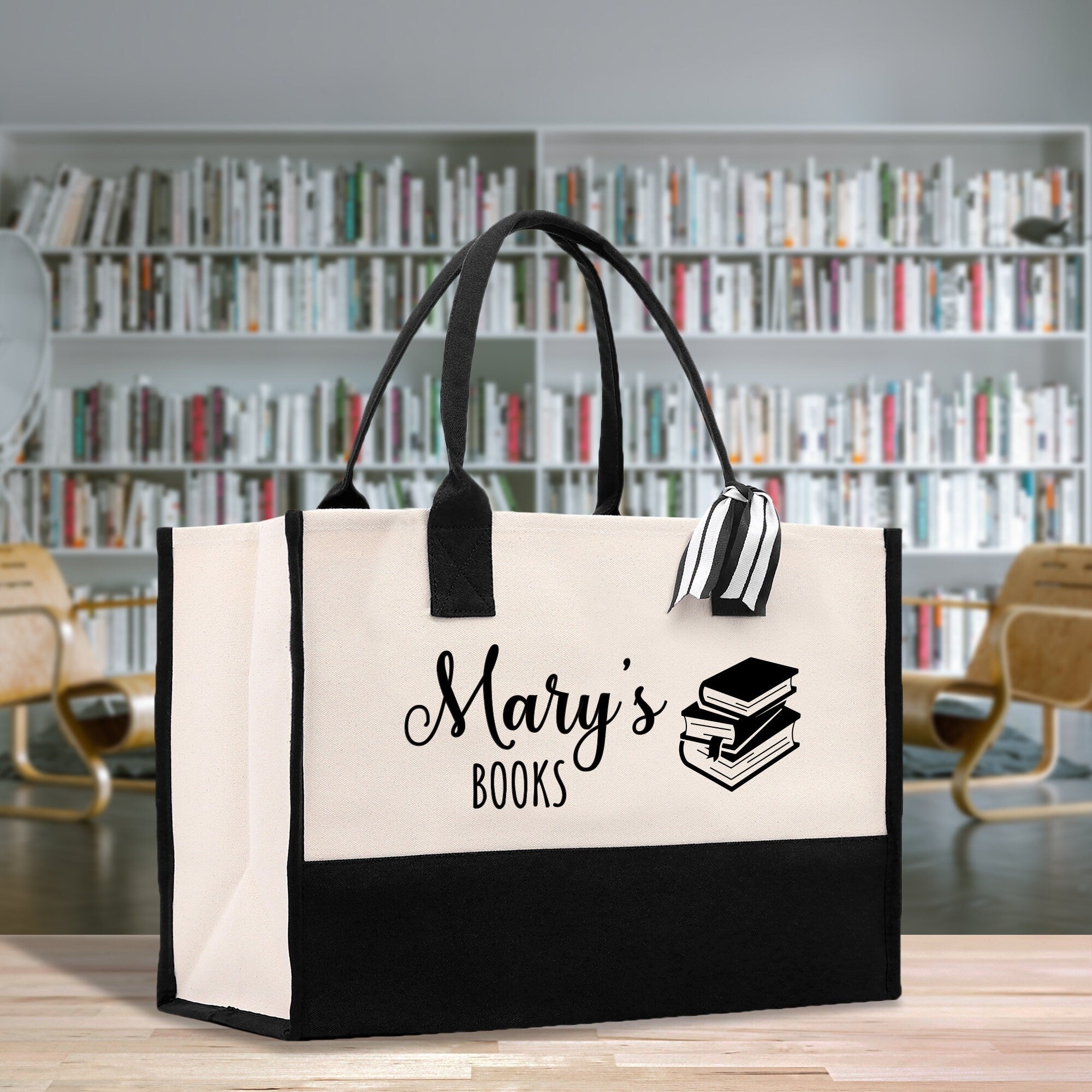 a book bag sitting on a table in front of a bookshelf