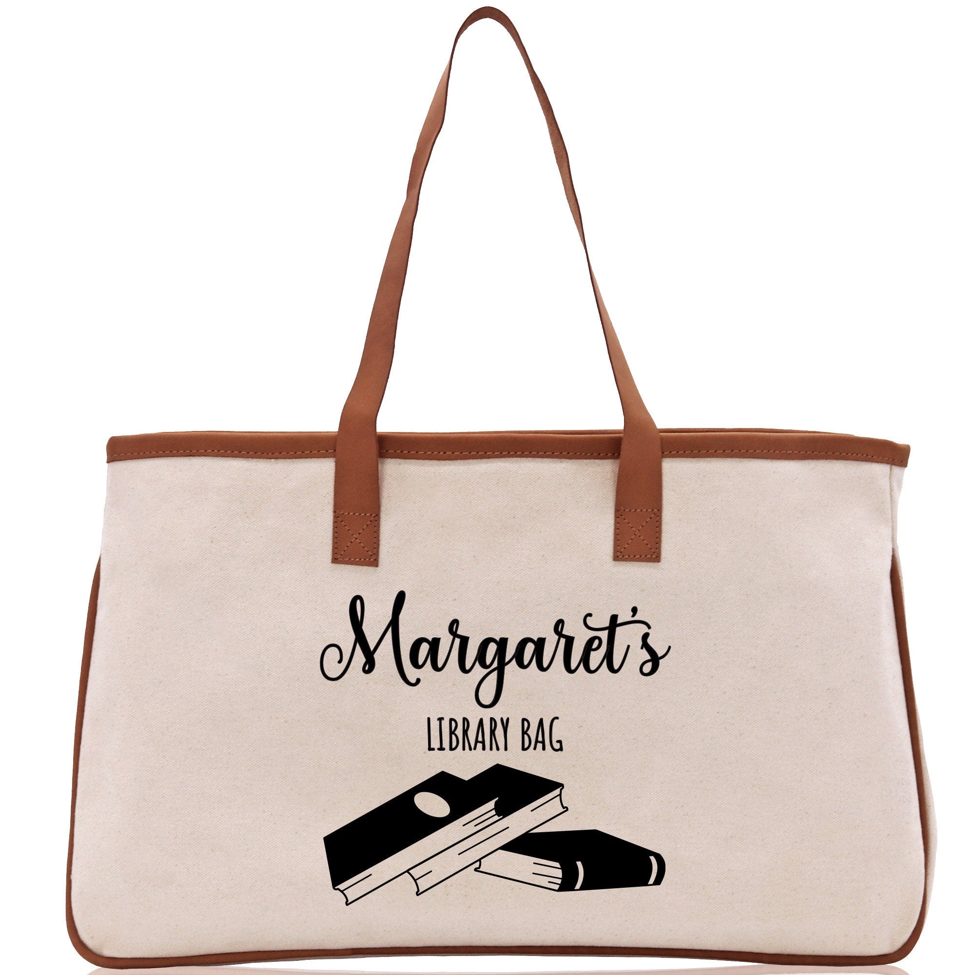 a white bag with a brown handle that says margaritart&#39;s library bag