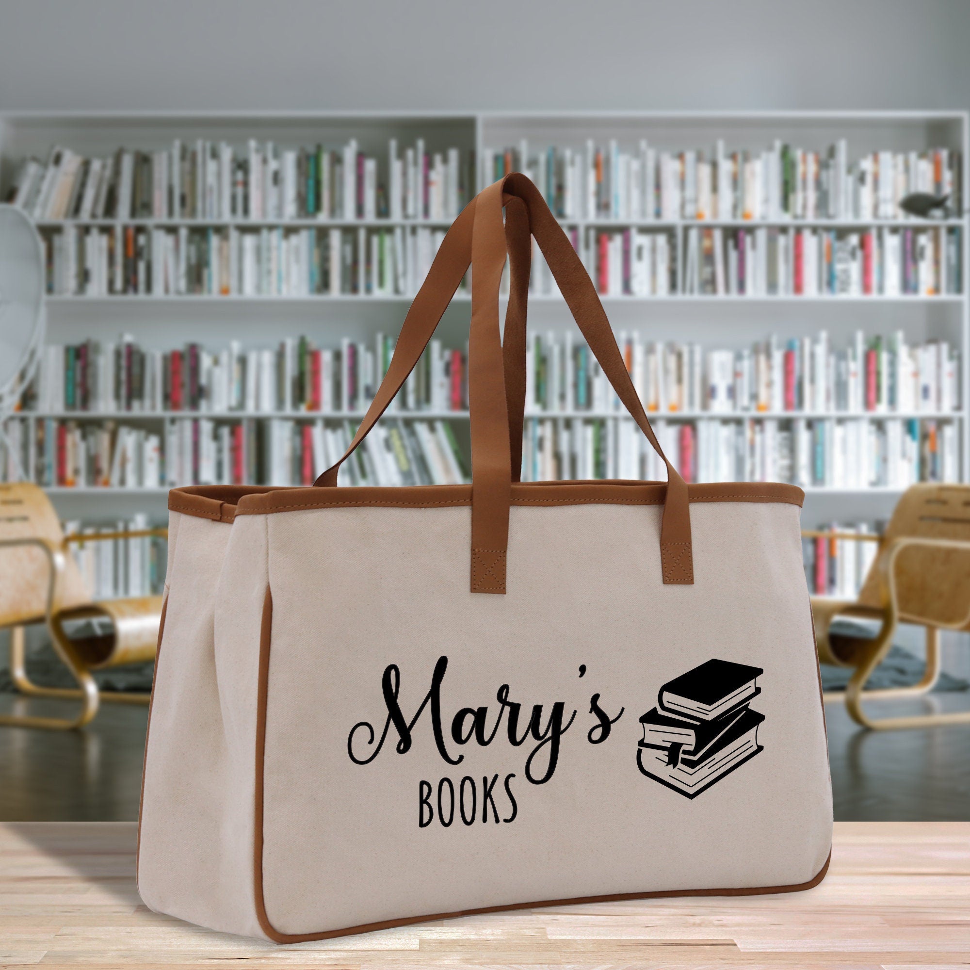 a book bag sitting on a table in front of a bookshelf