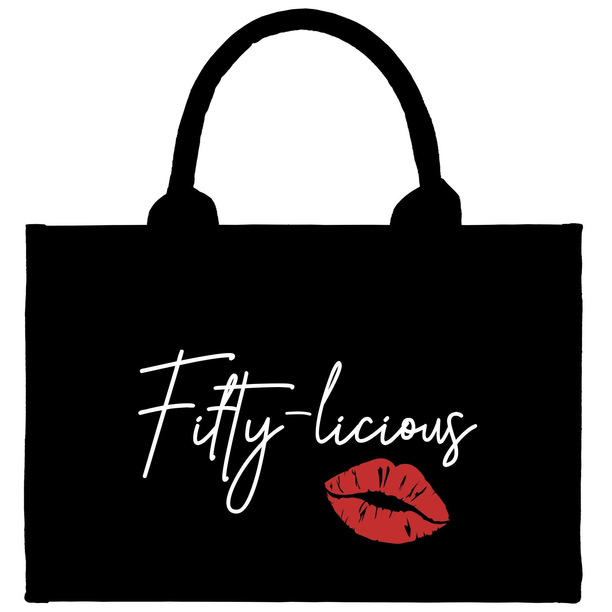 a black bag with a red lip on it