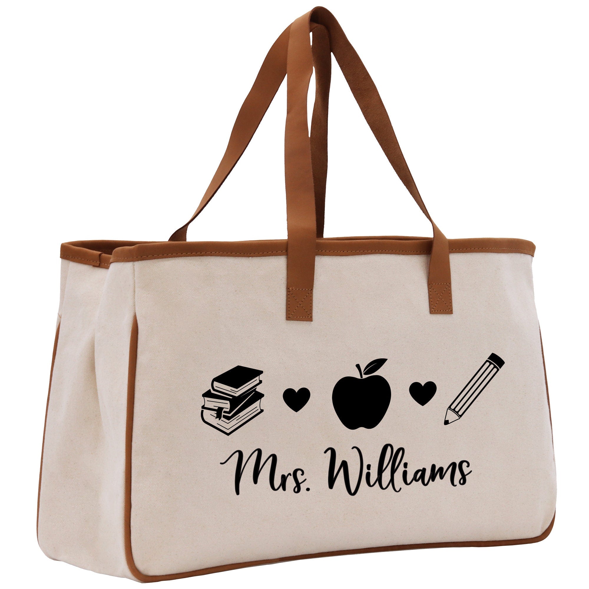 a white canvas bag with a brown leather handle