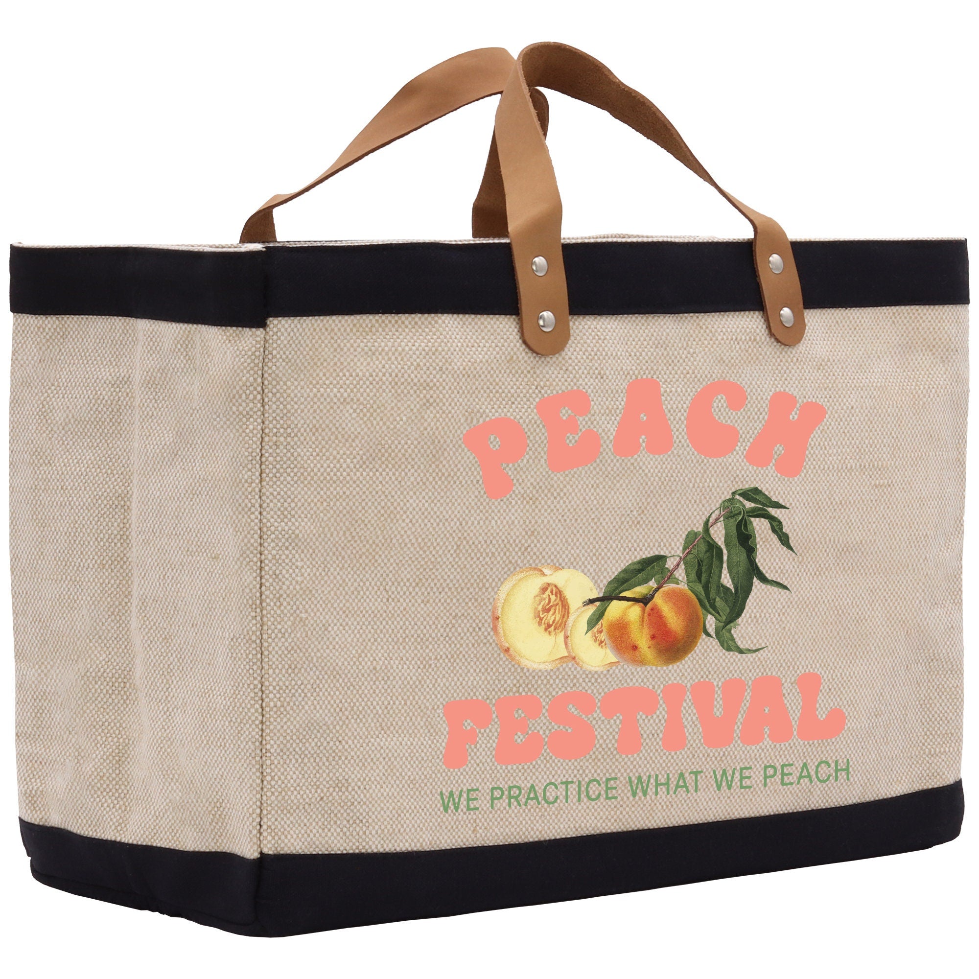 a bag with a peach festival design on it