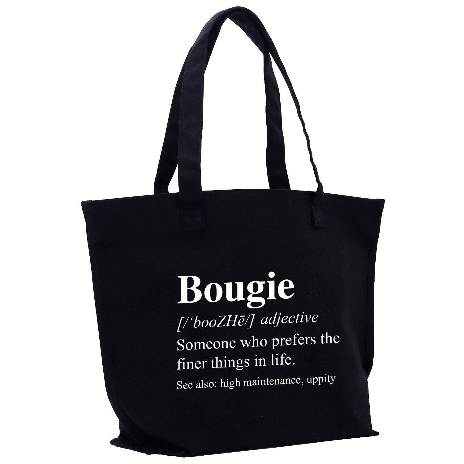 a black tote bag with a quote on it