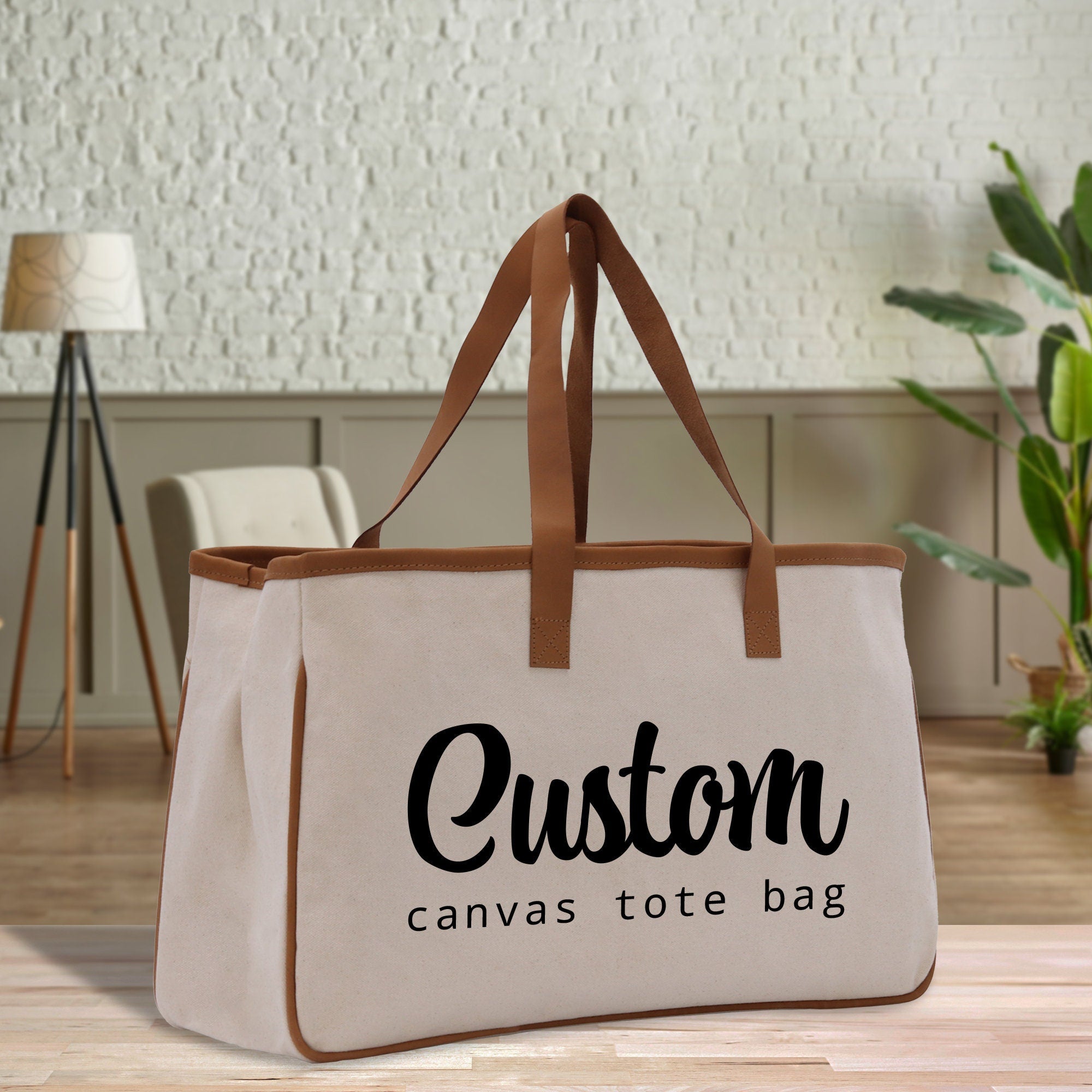 a canvas tote bag sitting on a wooden floor