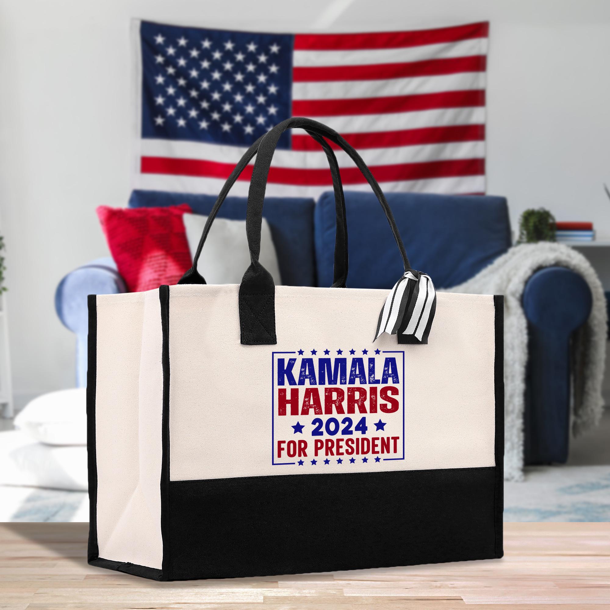 a black and white bag with a political message on it