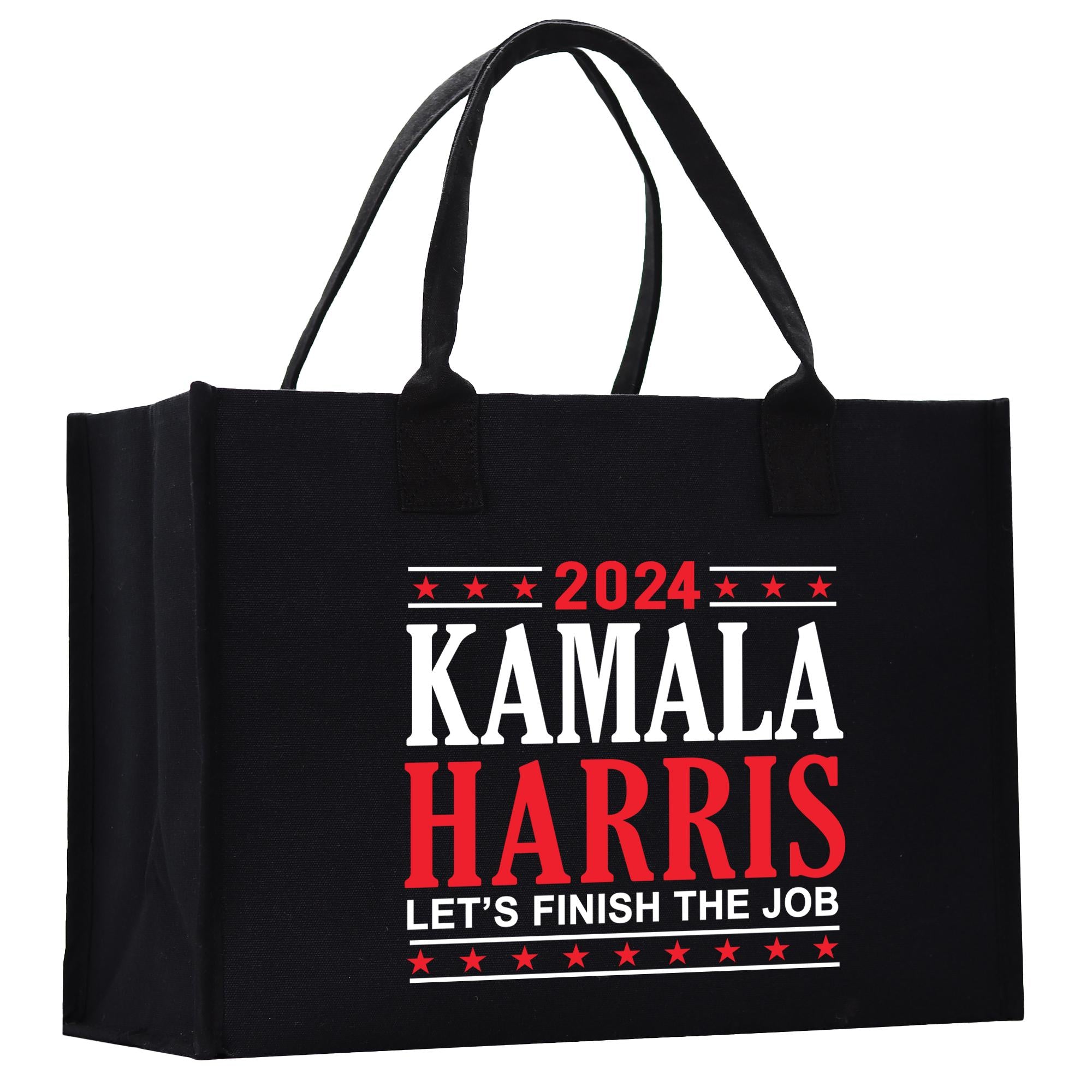 a black shopping bag with the words kaalaa harris let&#39;s finish the