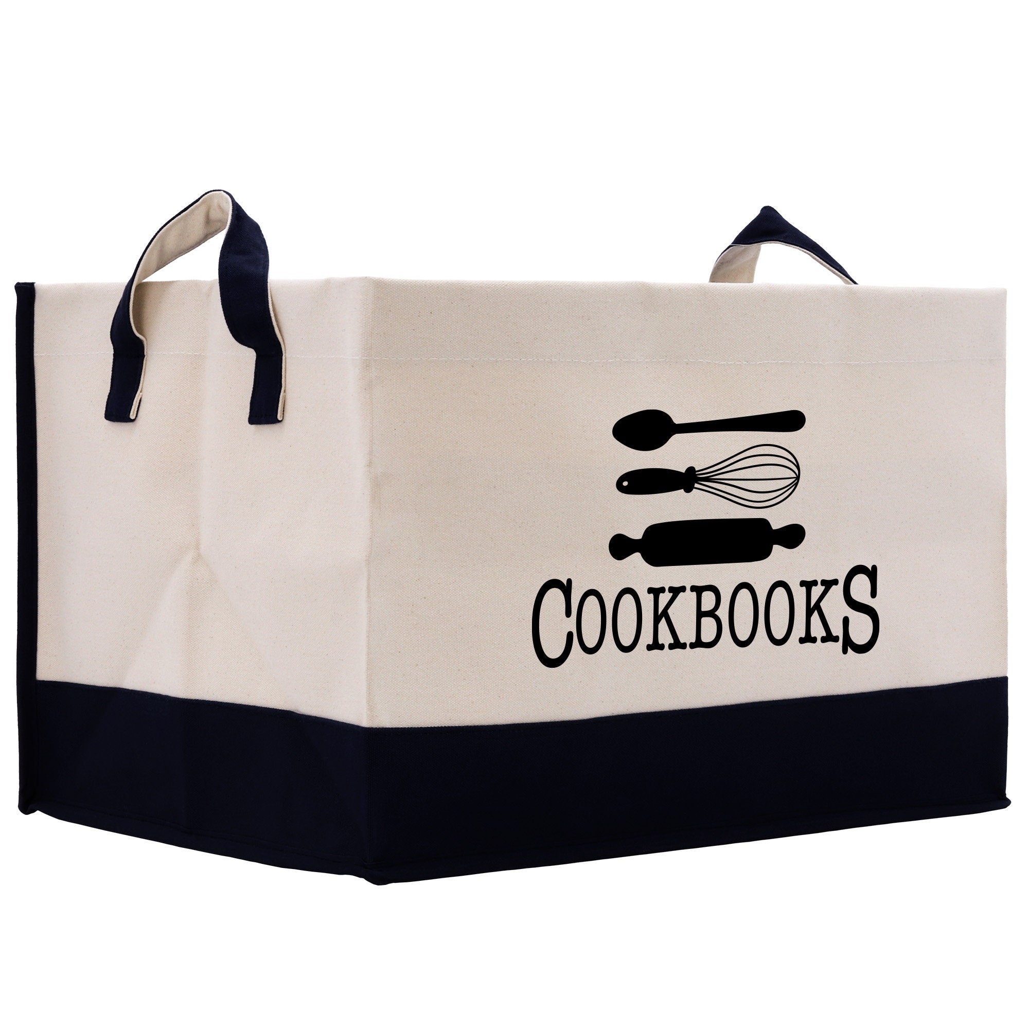 a white and black bag with a black handle and a spoon and whisk