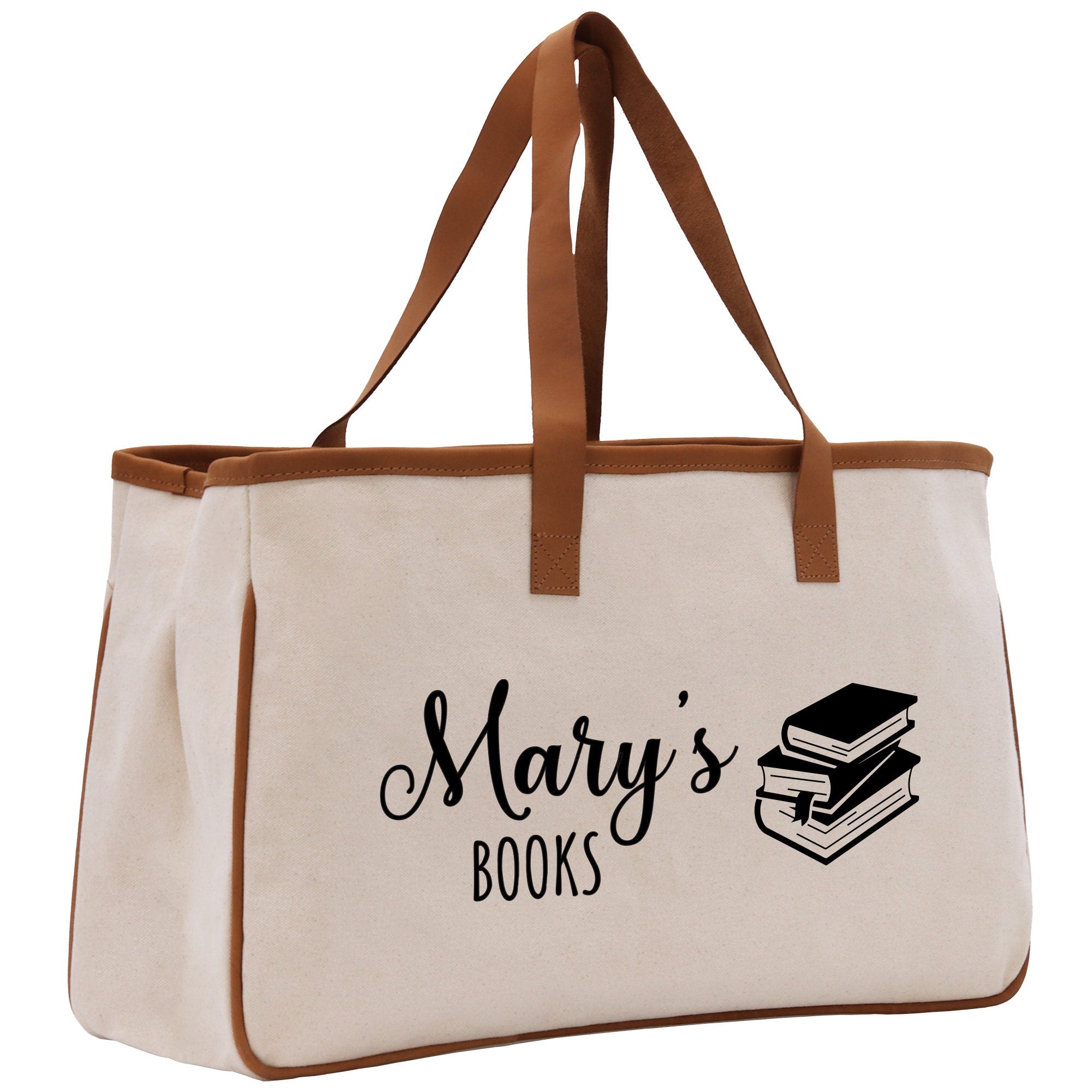 a white bag with a brown handle and a book on it