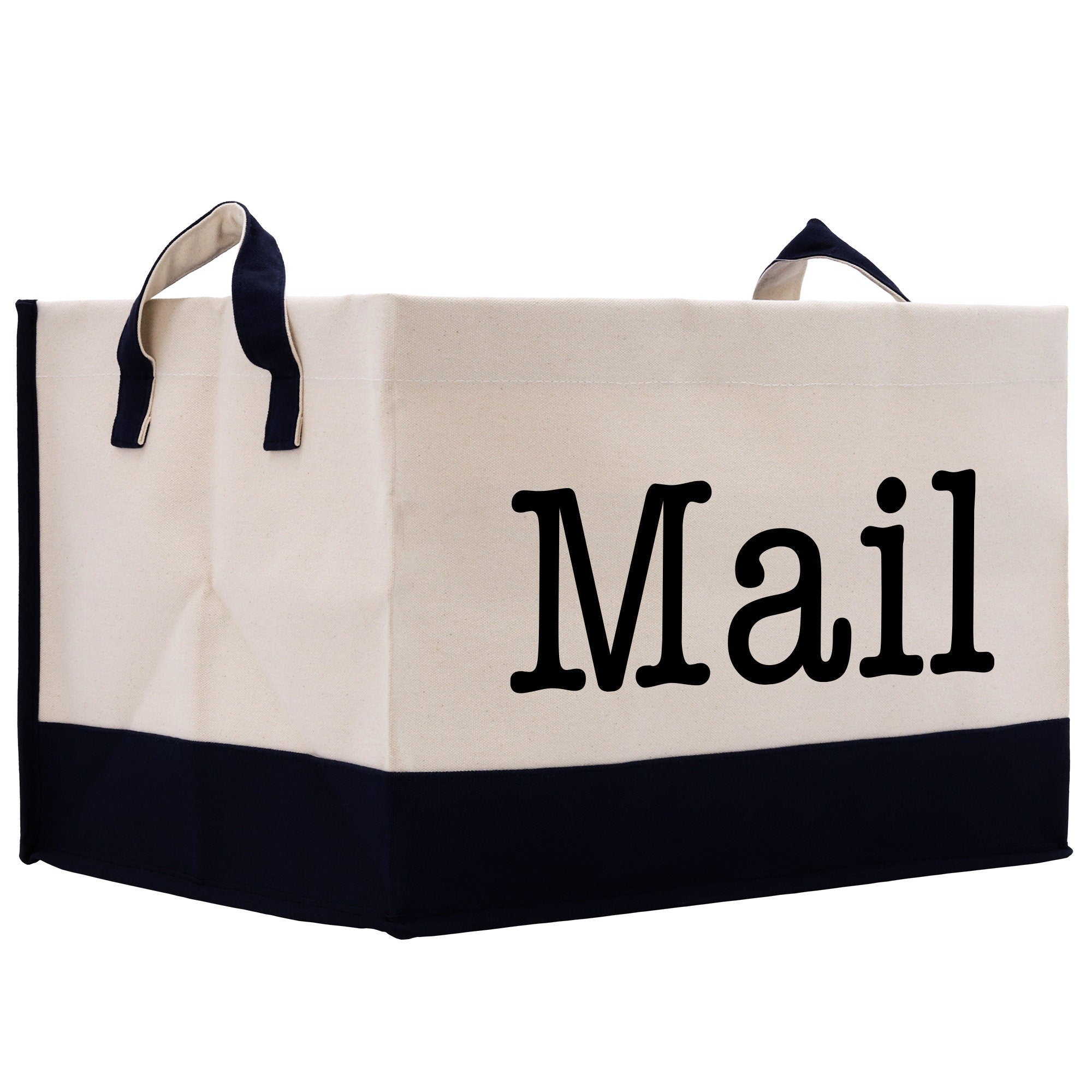 a white and black bag with the word mail printed on it