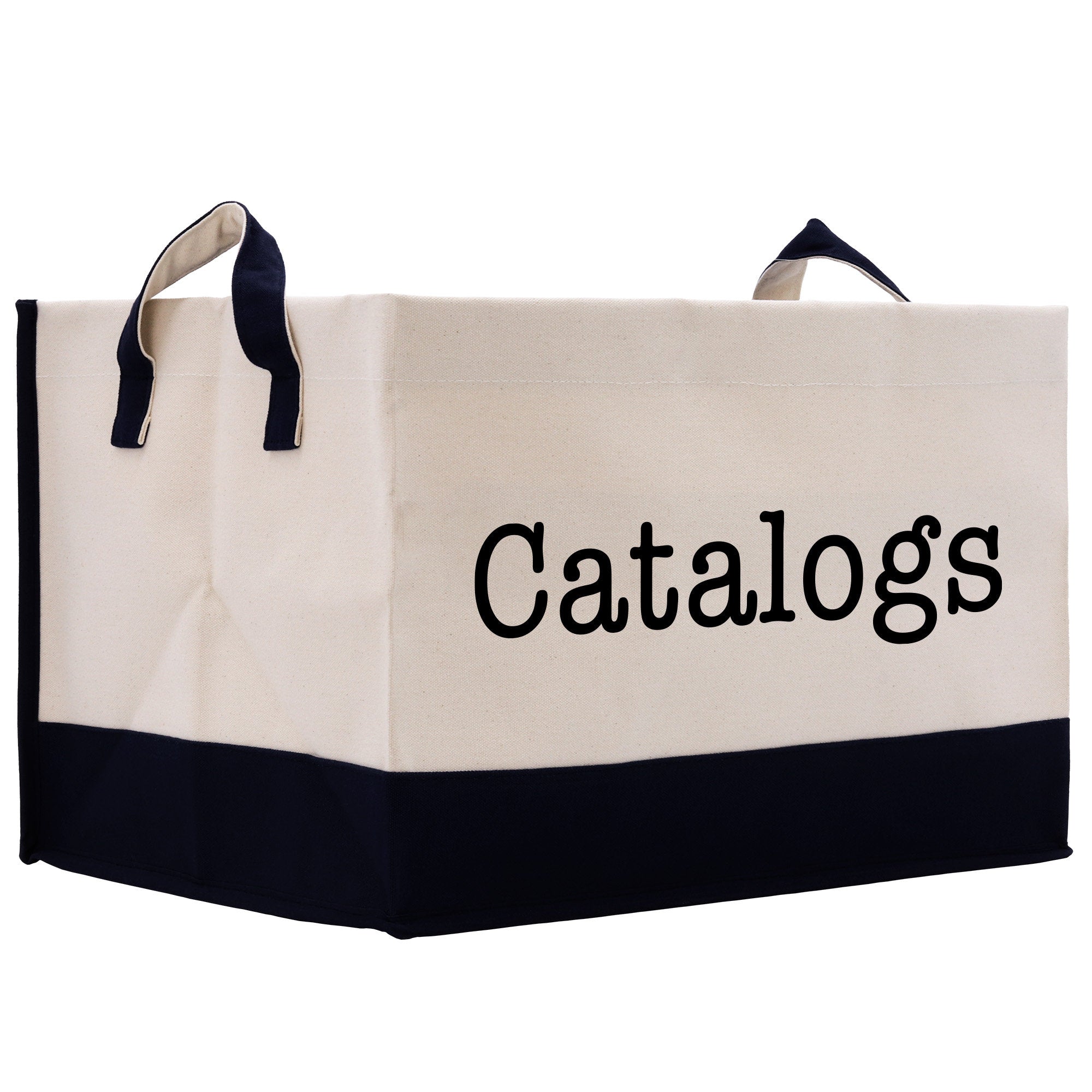 a canvas bag with the word catalogs printed on it