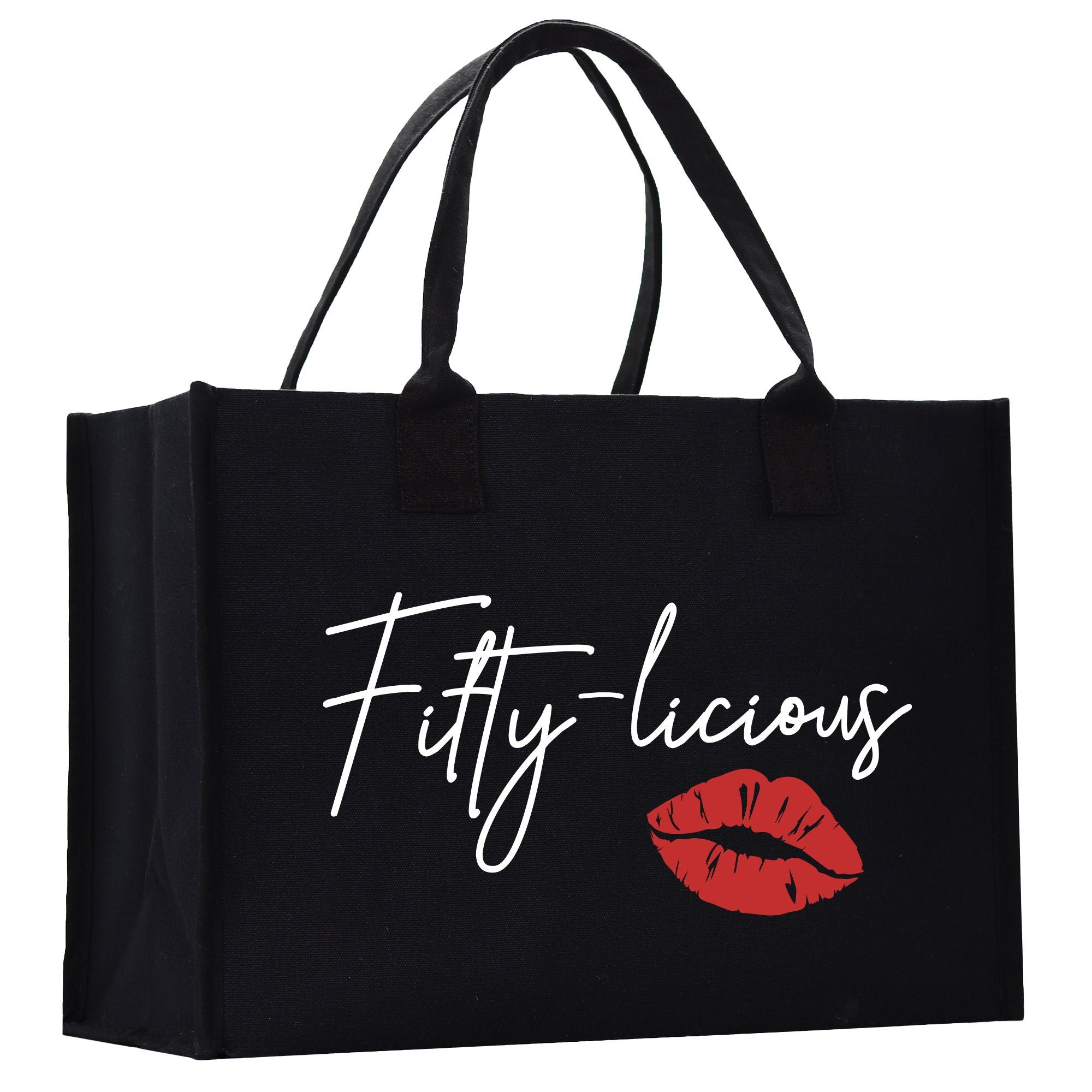 a black shopping bag with a red lip on it