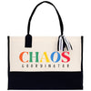 a black and white bag with the word chaos on it