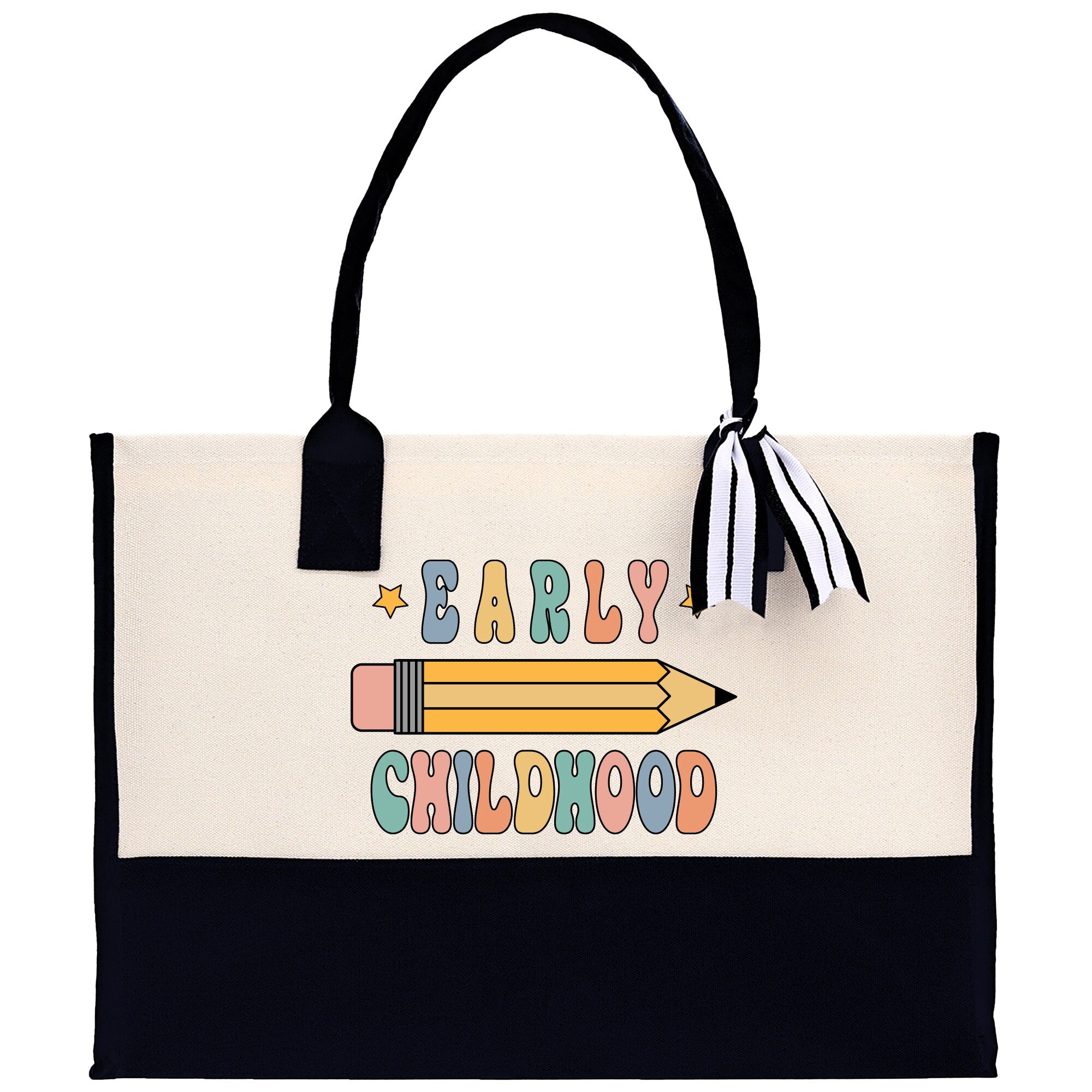 a black and white bag with a pencil on it