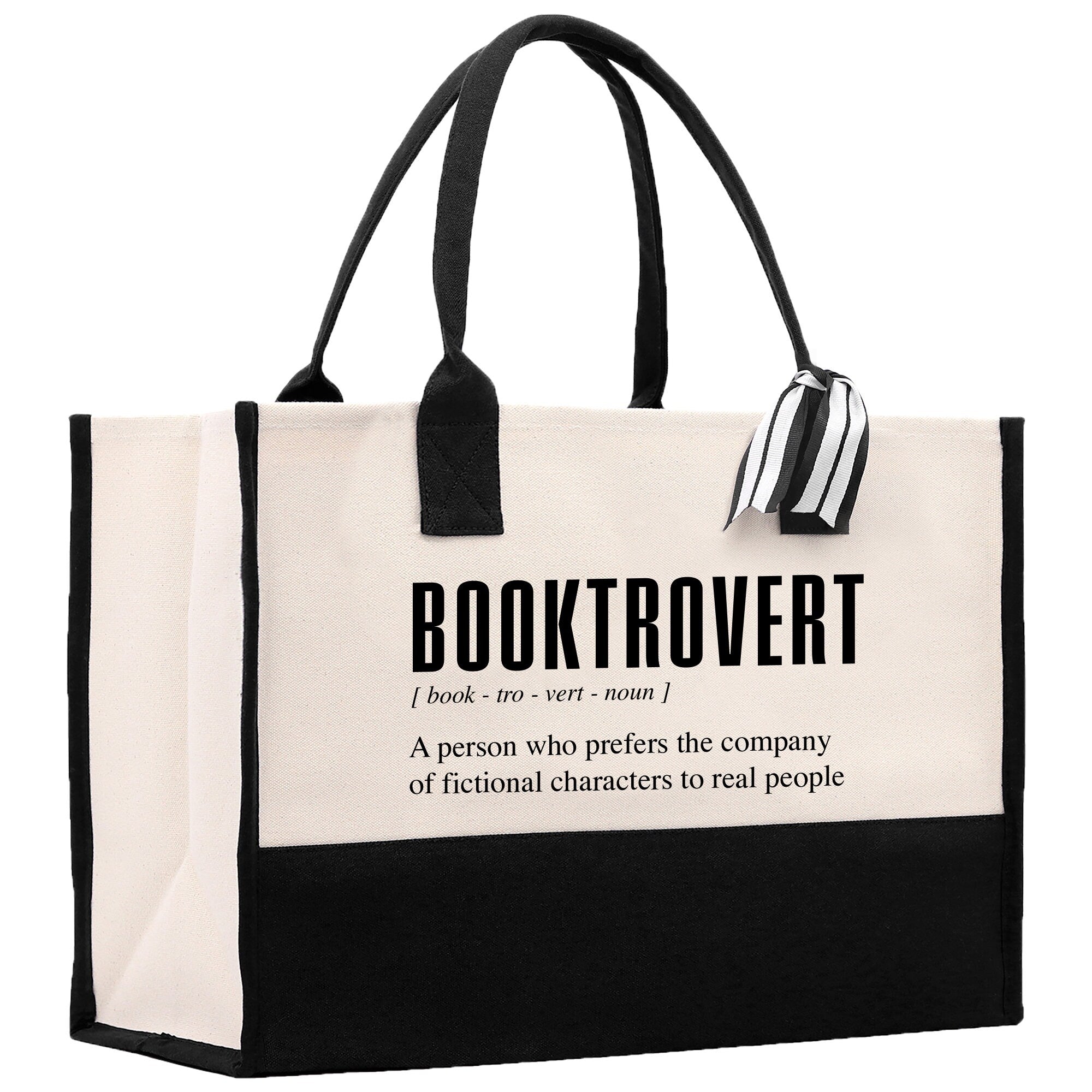 a black and white book tote bag on a white background