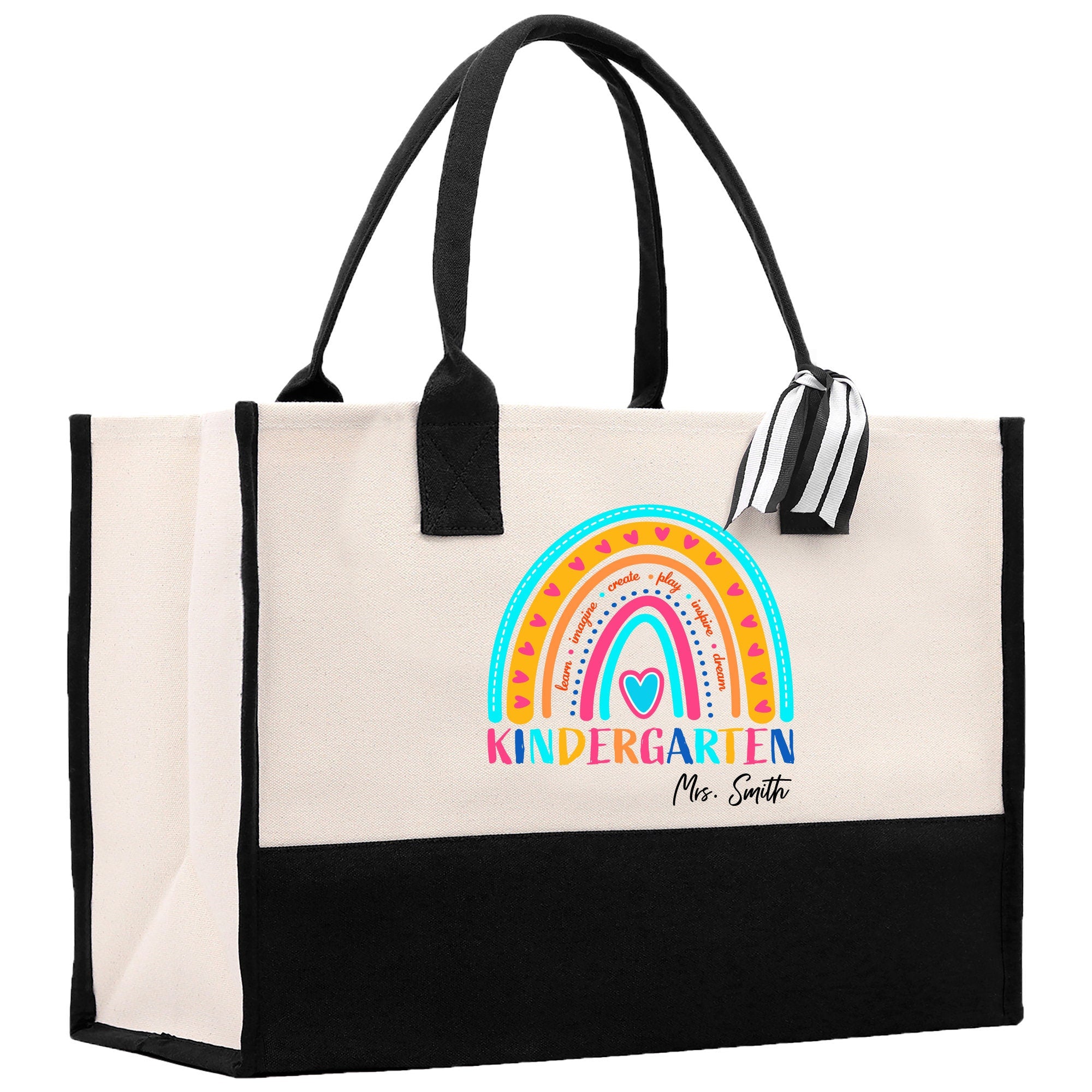 a black and white bag with a rainbow on it