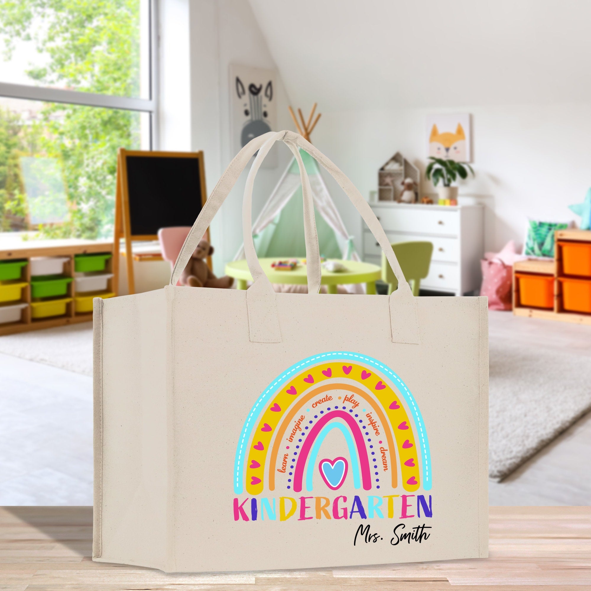 a white bag with a rainbow design on it