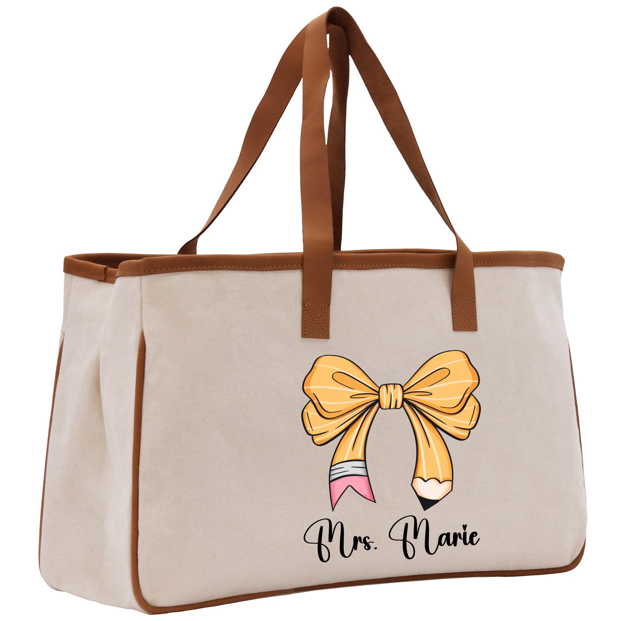 a canvas bag with a bow and name on it