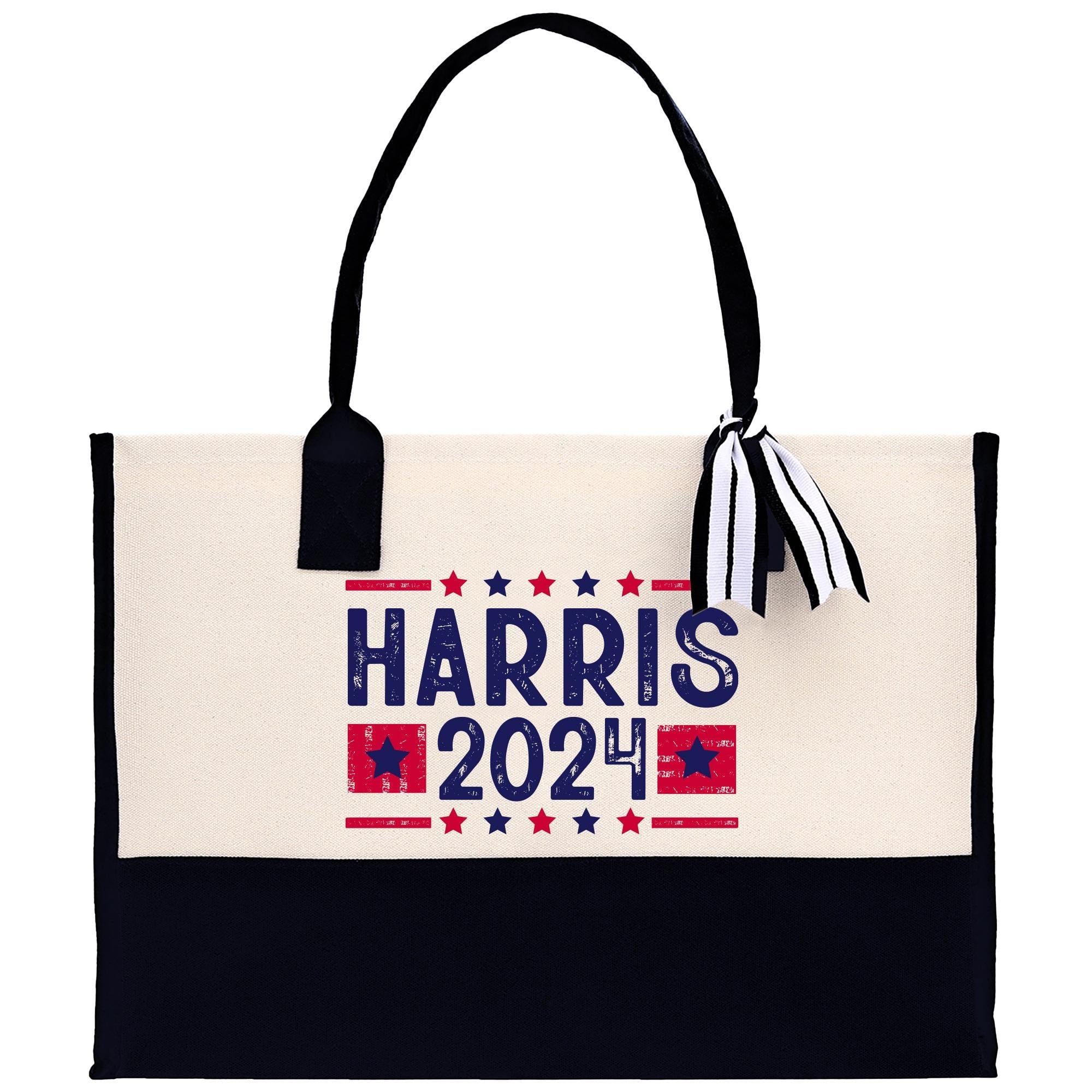 a white and black bag with a red, white, and blue design