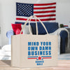 a bag with a message on it sitting on a table