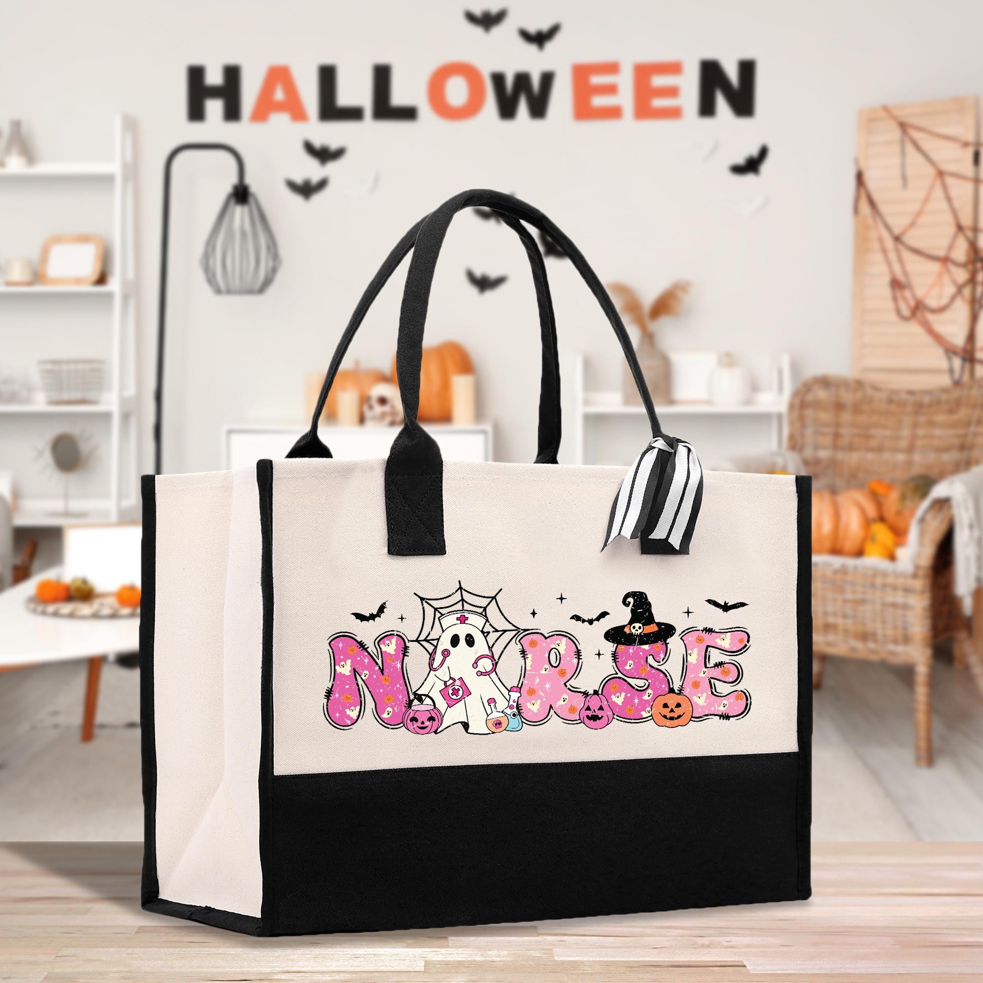 a black and white bag with a halloween message on it