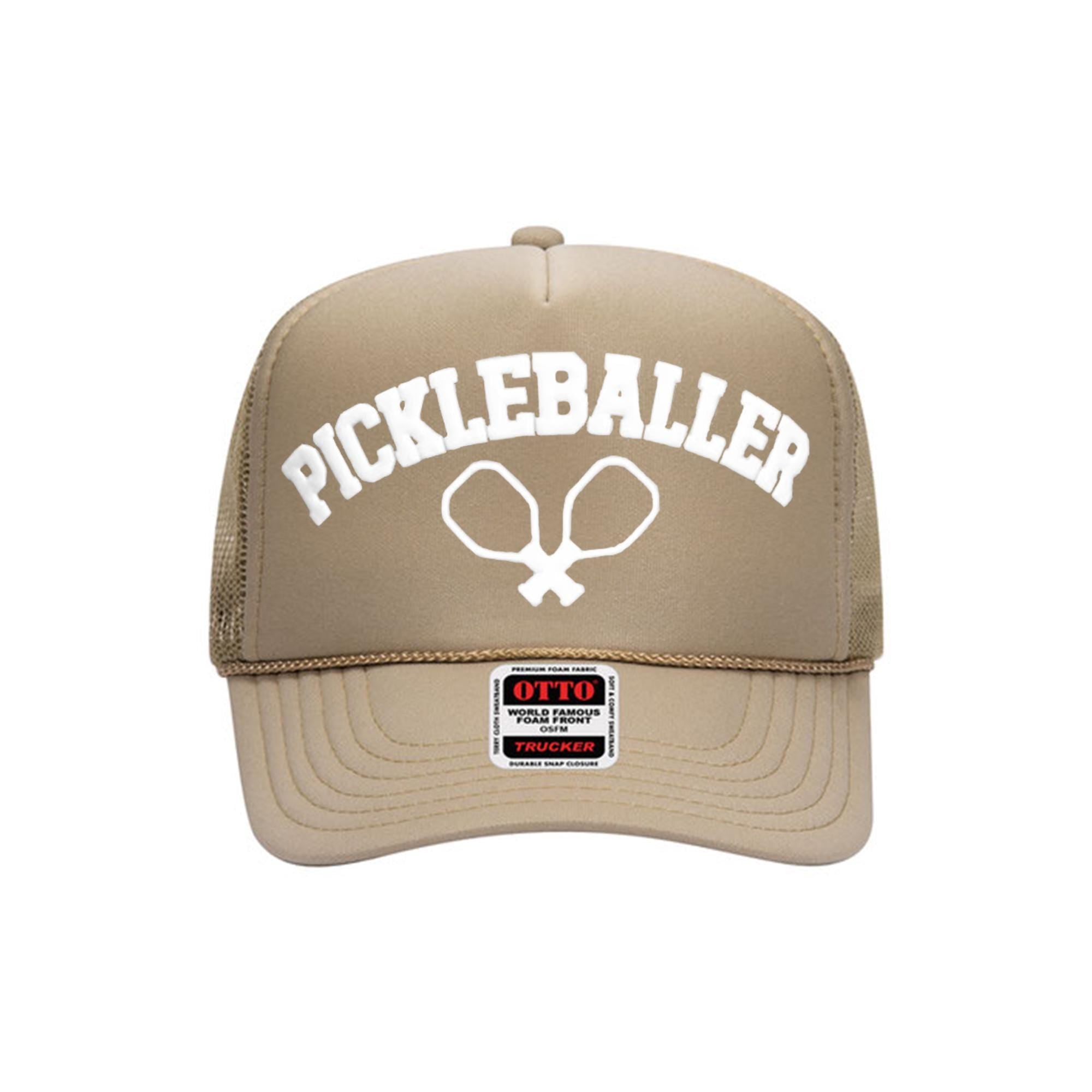 a trucker hat with a tennis racket on it