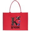 a red tote bag with a picture of a witch holding a lollipop