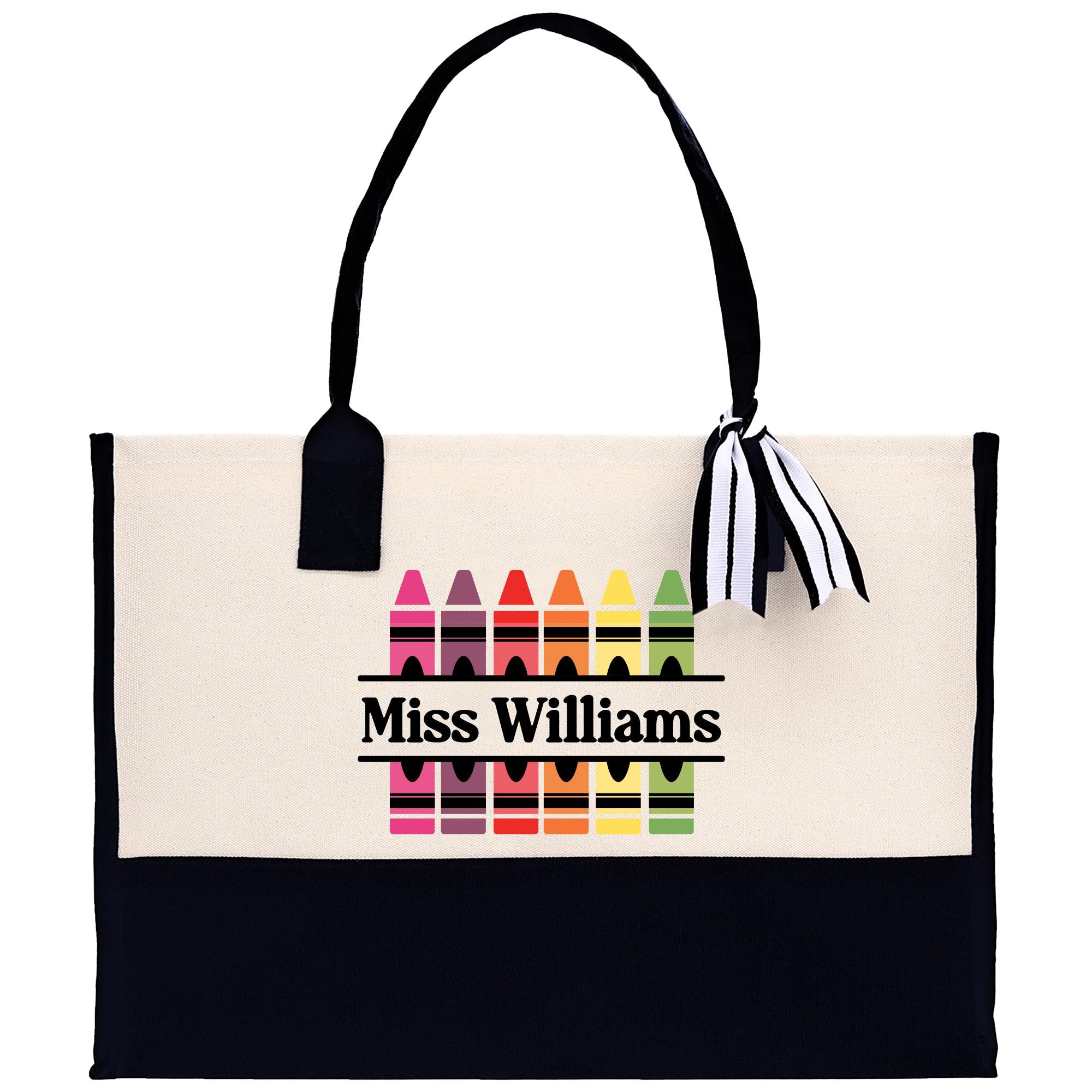 a canvas bag with a black handle and a multicolored crayon cr