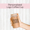 a person holding a coffee cup with the words personalized logo on it