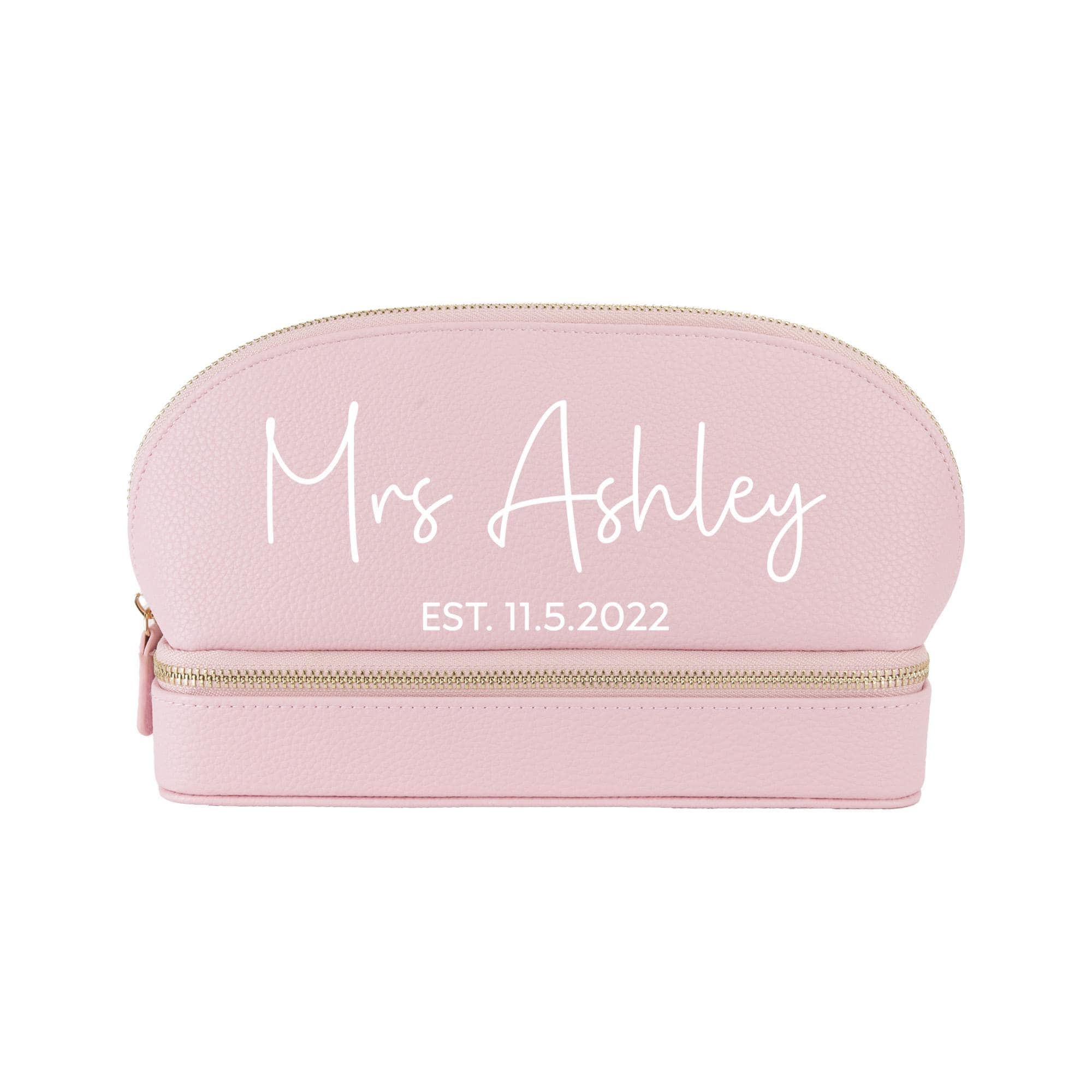 a pink makeup bag with a name on it