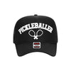 a black trucker hat with the word pickleballer on it