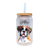 a glass jar with a picture of a dog on it