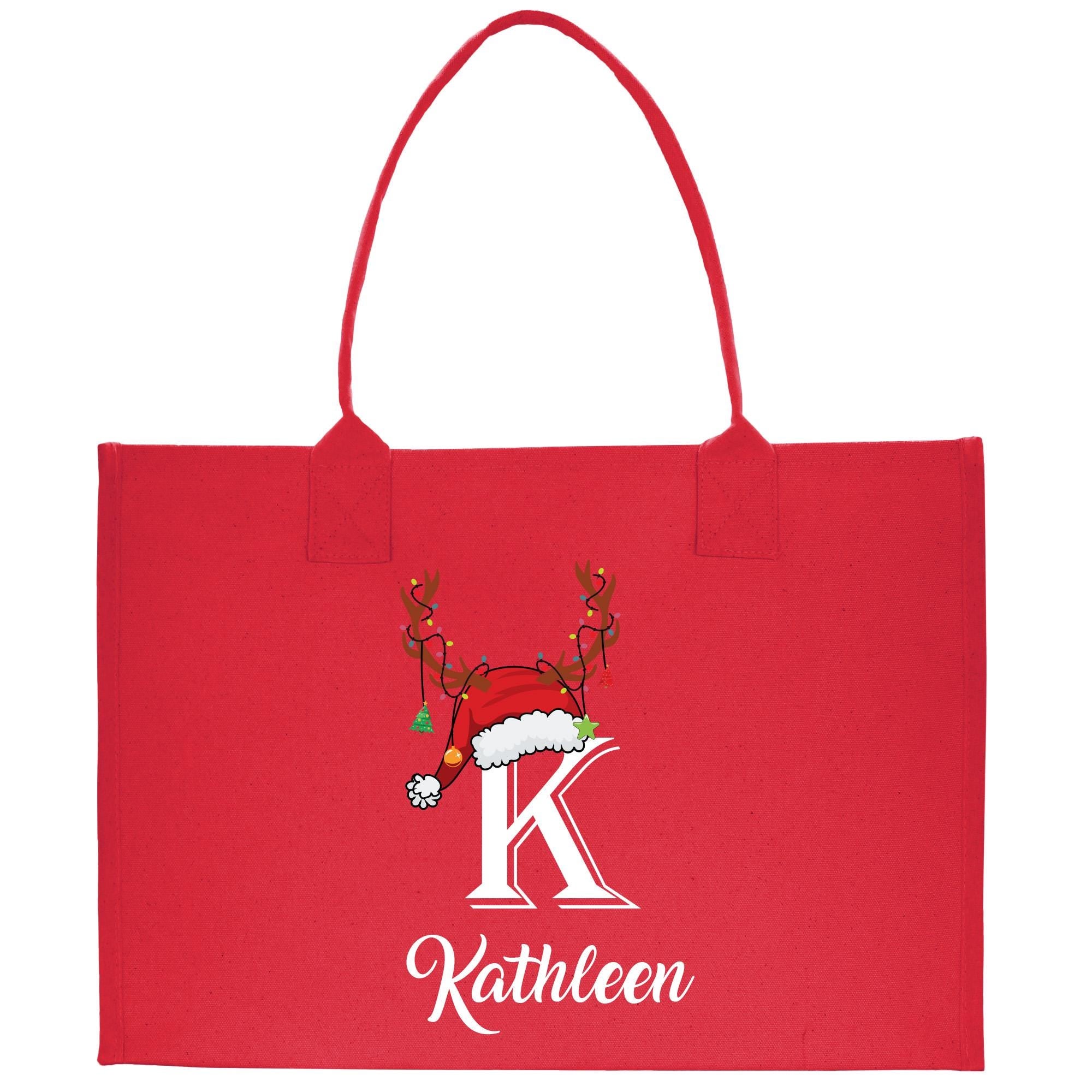 a red tote bag with the letter k on it