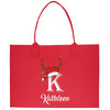 a red tote bag with the letter k on it